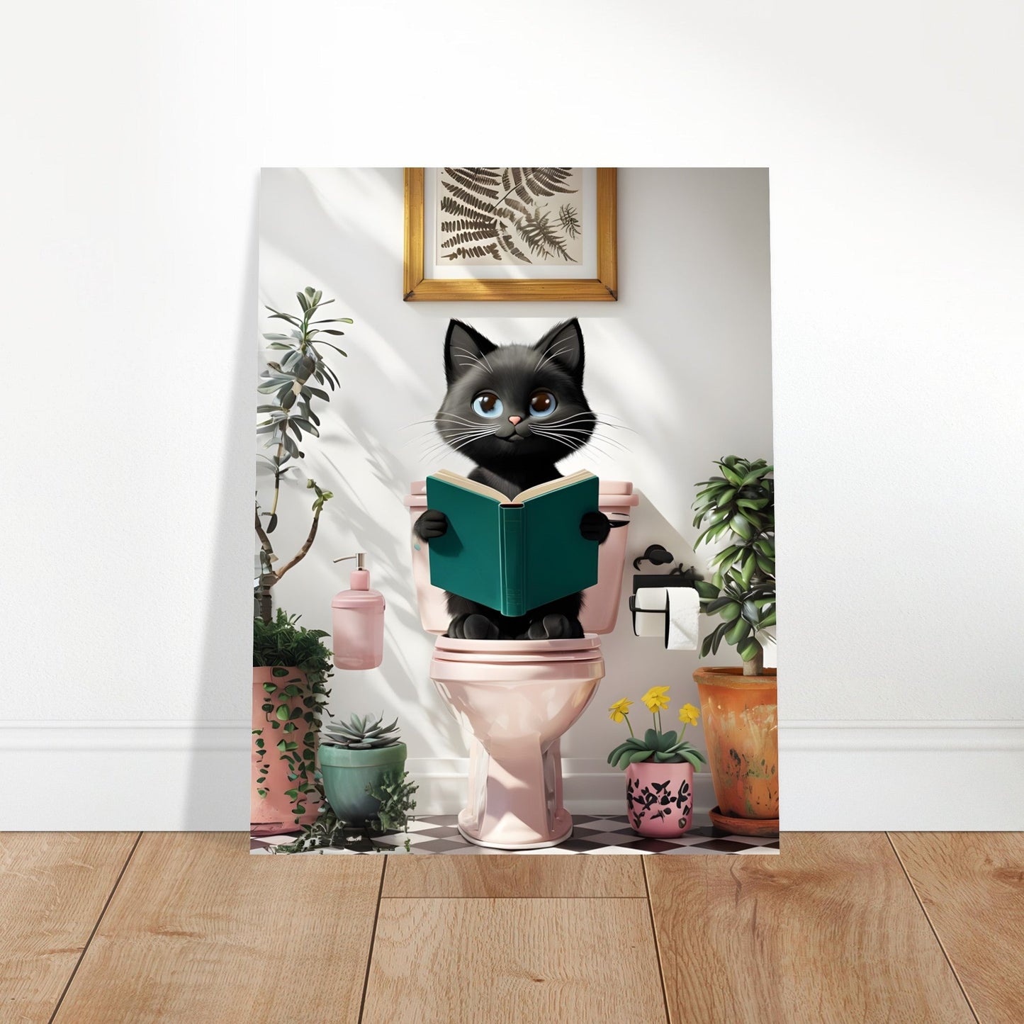 Charming Black Cat on Pink Toilet Poster - Cute Art for Cat Lovers