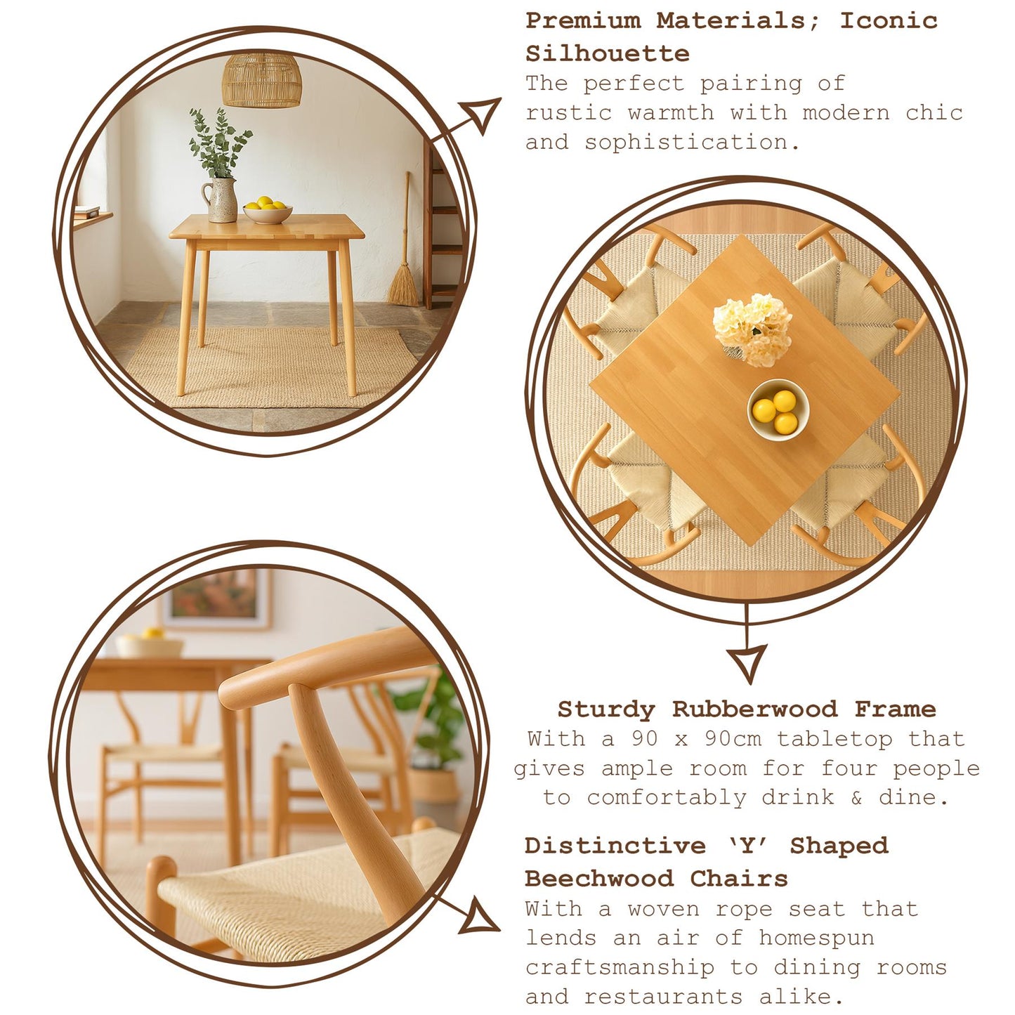 5pc 90cm Square Beige Wooden Table & Beige Wishbone Chair Dining Set