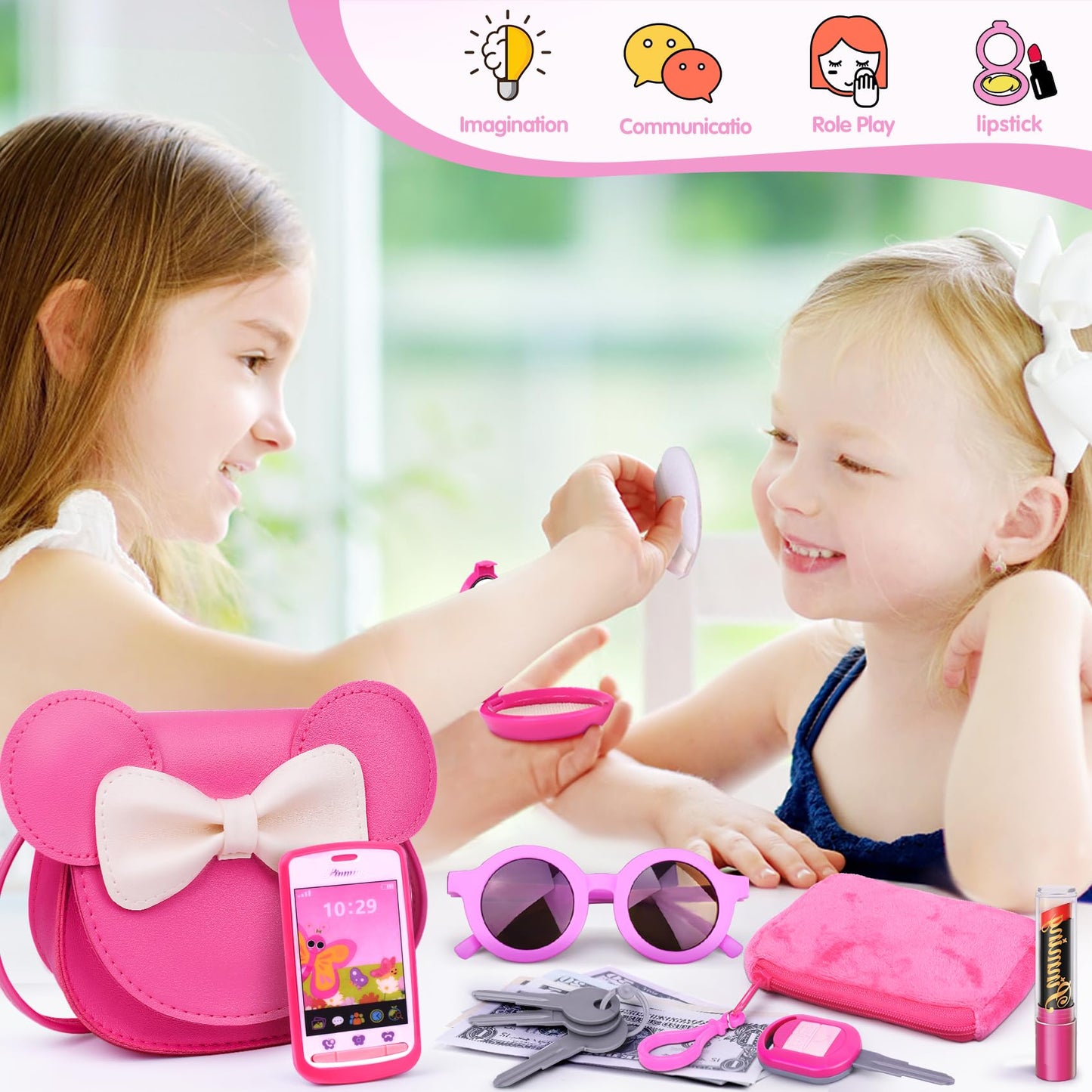 FFTROC Pretend Play Purse with Makeup Toys – Rose Red, Ages 3-8