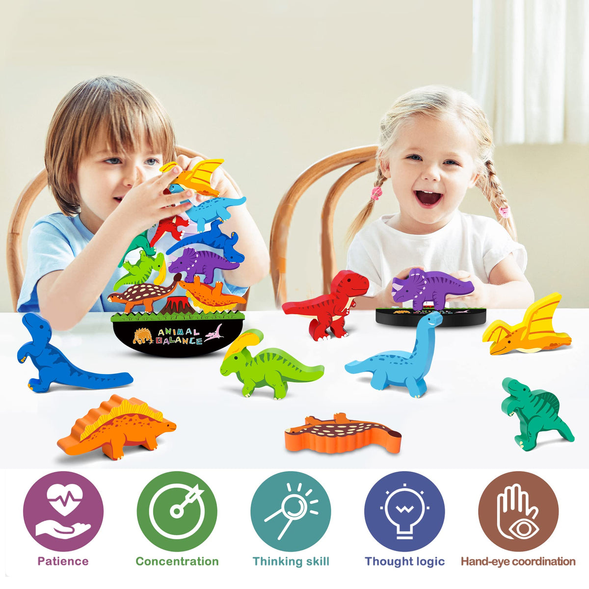 FFTROC Montessori Dinosaur Toys for 2-5 Year Olds – Wooden Stacking Blocks for Kids