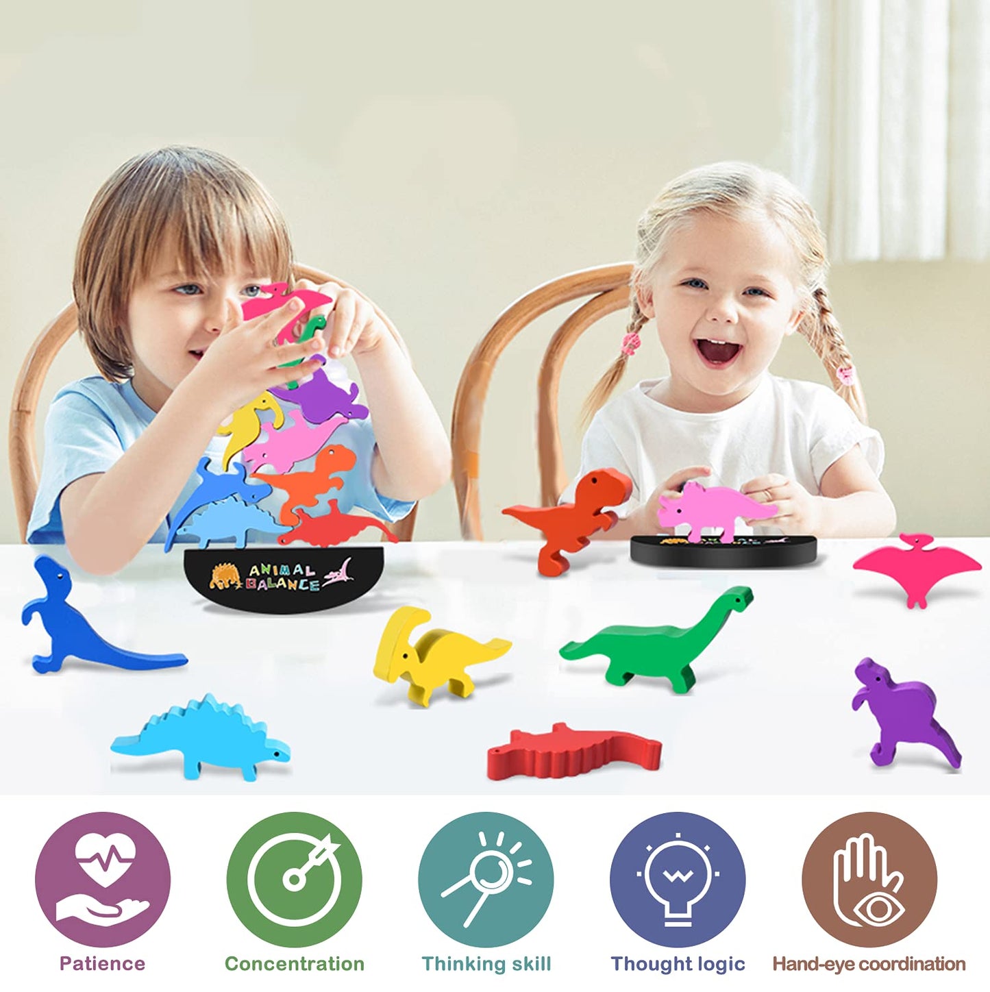 FFTROC Montessori Dinosaur Toys for 2-4 Year Olds – Wooden Stacking Blocks & Dino Balance Set
