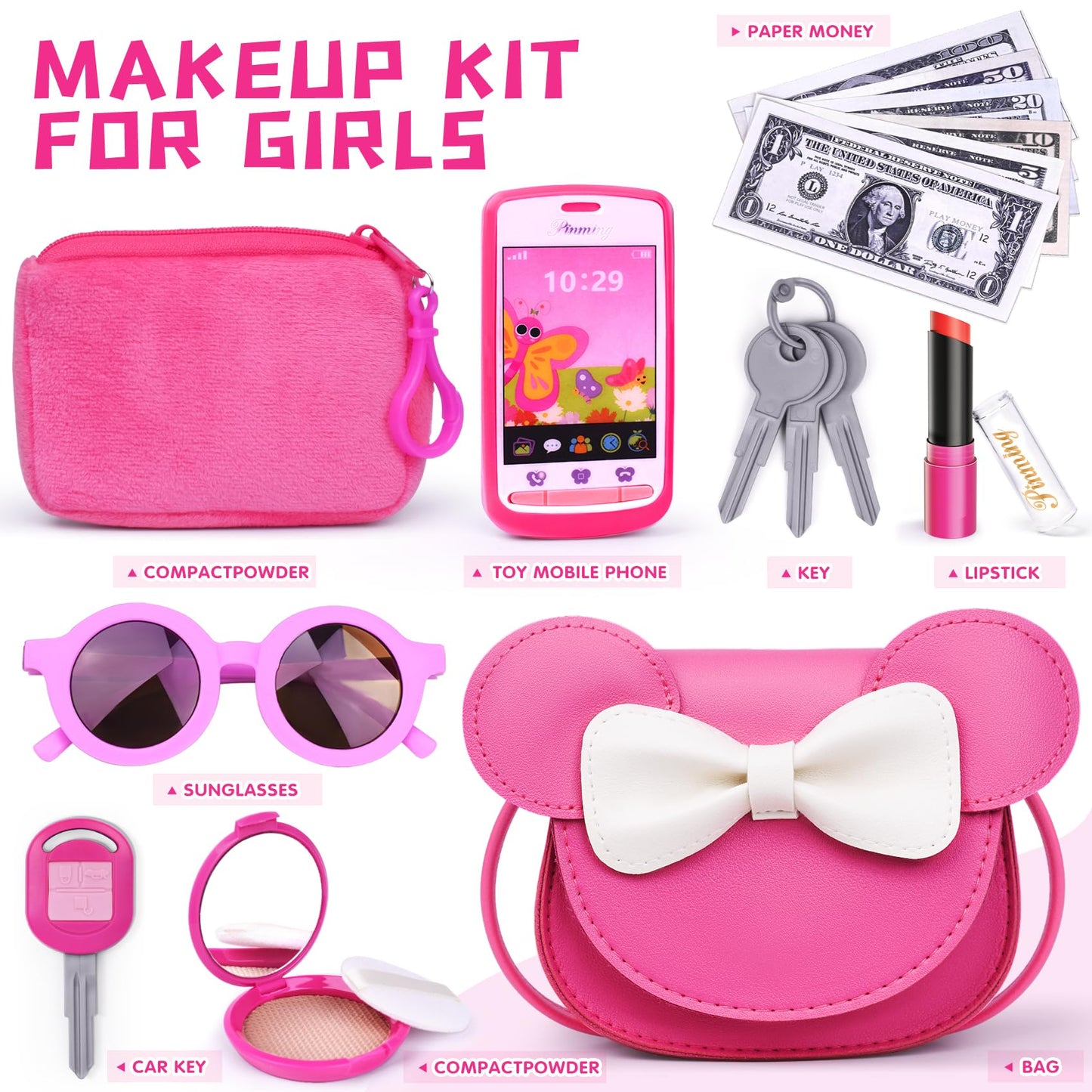 FFTROC Pretend Play Purse with Makeup Toys – Rose Red, Ages 3-8