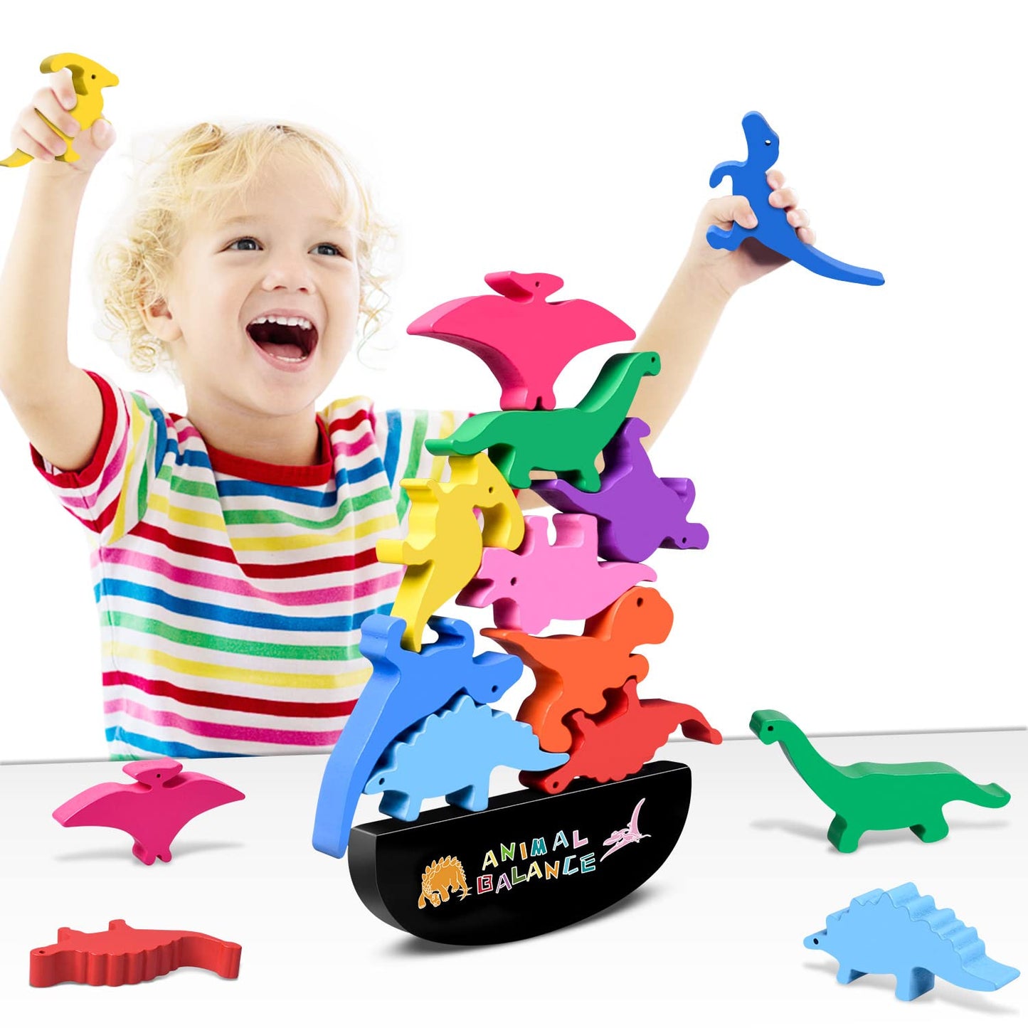 FFTROC Montessori Dinosaur Toys for 2-4 Year Olds – Wooden Stacking Blocks & Dino Balance Set