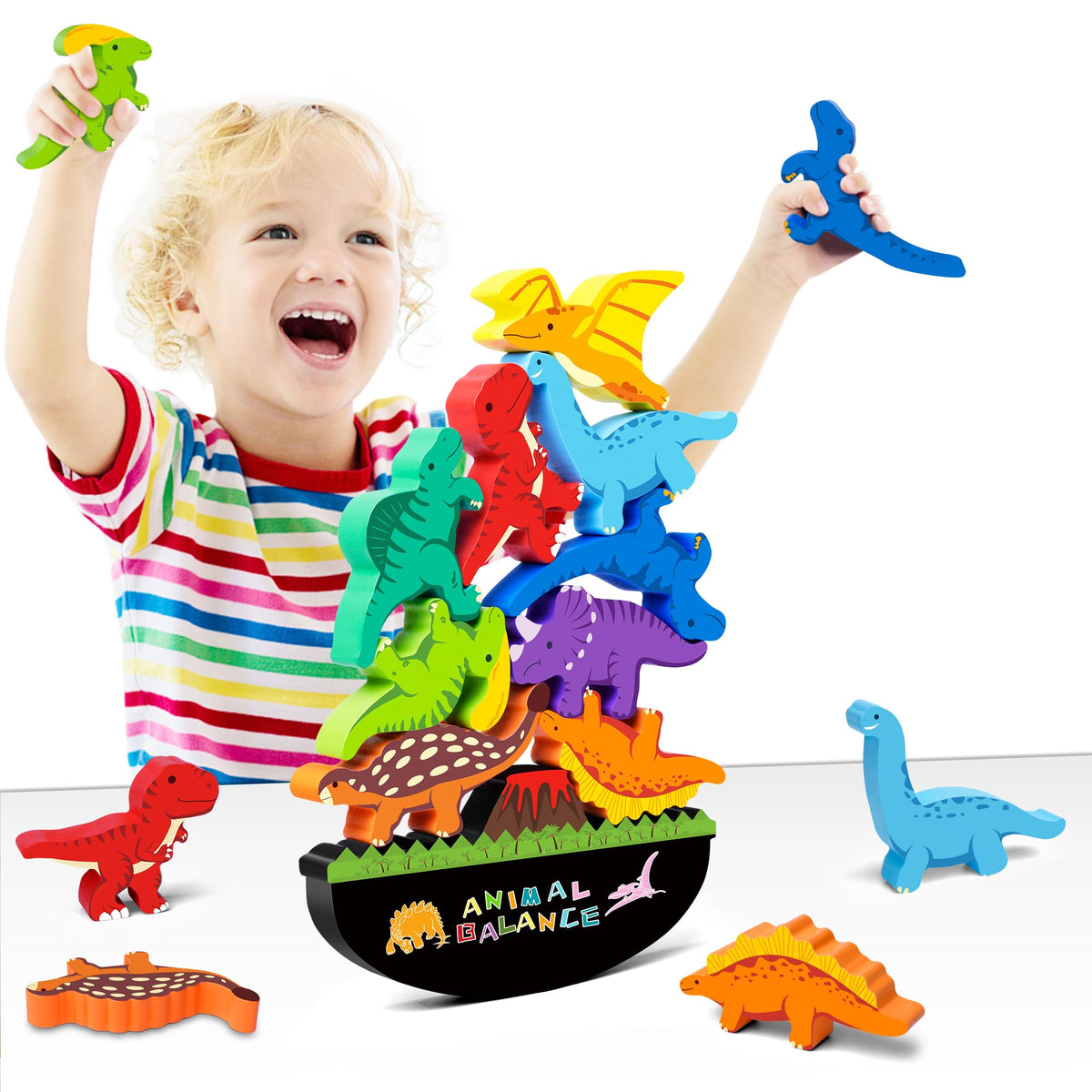 FFTROC Montessori Dinosaur Toys for 2-5 Year Olds – Wooden Stacking Blocks for Kids