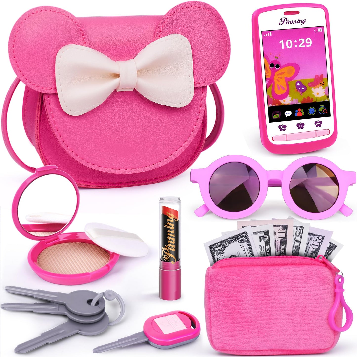 FFTROC Pretend Play Purse with Makeup Toys – Rose Red, Ages 3-8