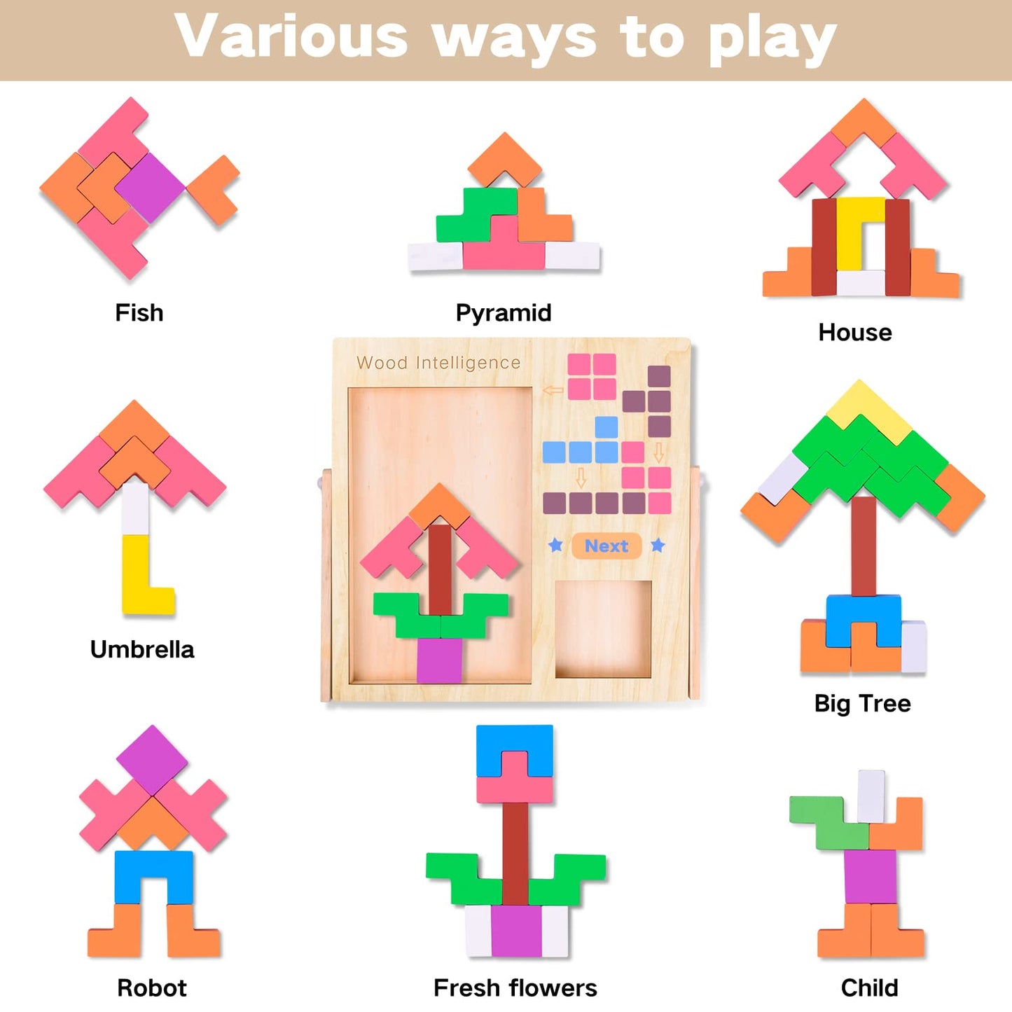 FFTROC Wooden Puzzles for Kids Aged 4-8 | 3D Russian Blocks, Tangram & Brain Teasers