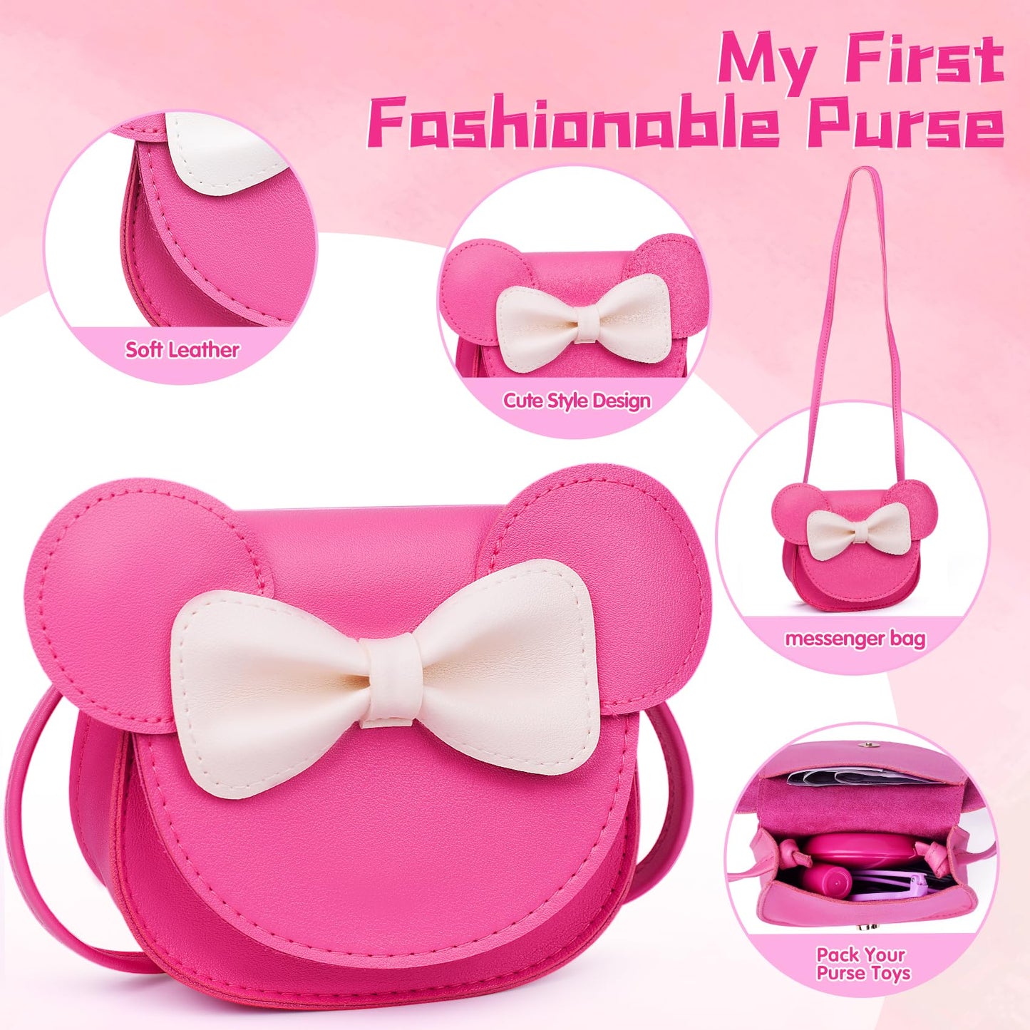 FFTROC Pretend Play Purse with Makeup Toys – Rose Red, Ages 3-8