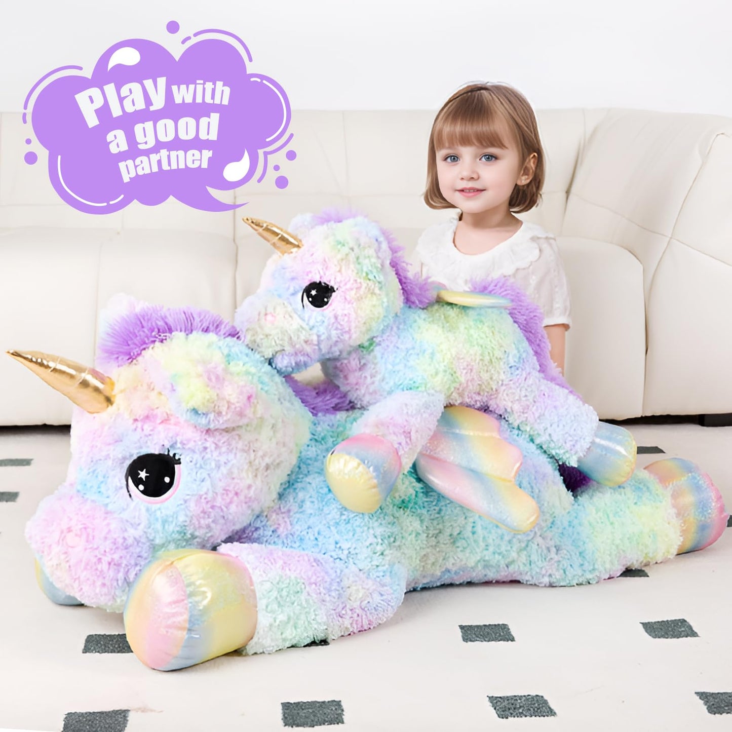 FFxiong 44 Inch Giant Rainbow Unicorn Plush with Wings – Large Soft Unicorn Toy for Kids, Room Decor, Gift
