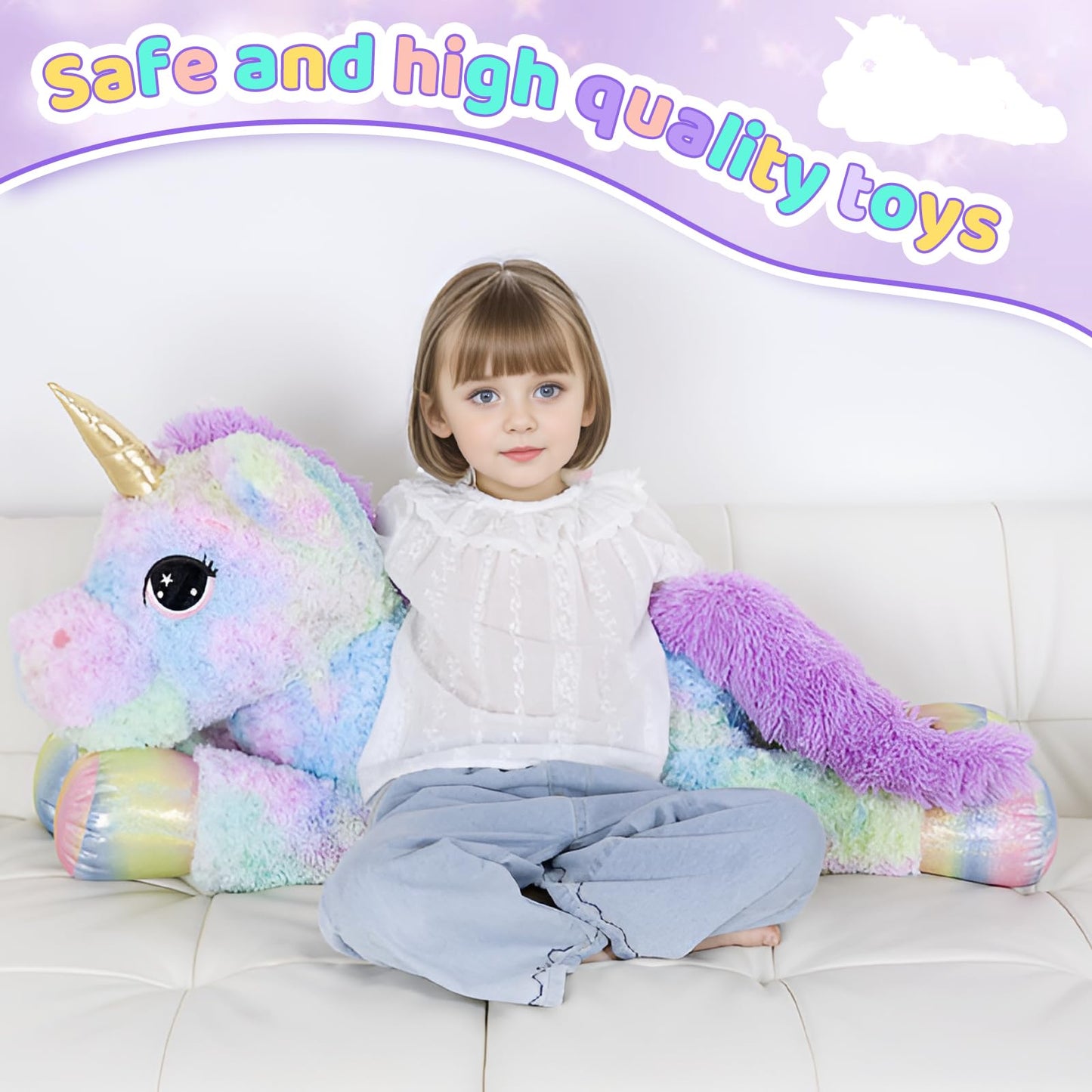 FFxiong 44 Inch Giant Rainbow Unicorn Plush with Wings – Large Soft Unicorn Toy for Kids, Room Decor, Gift
