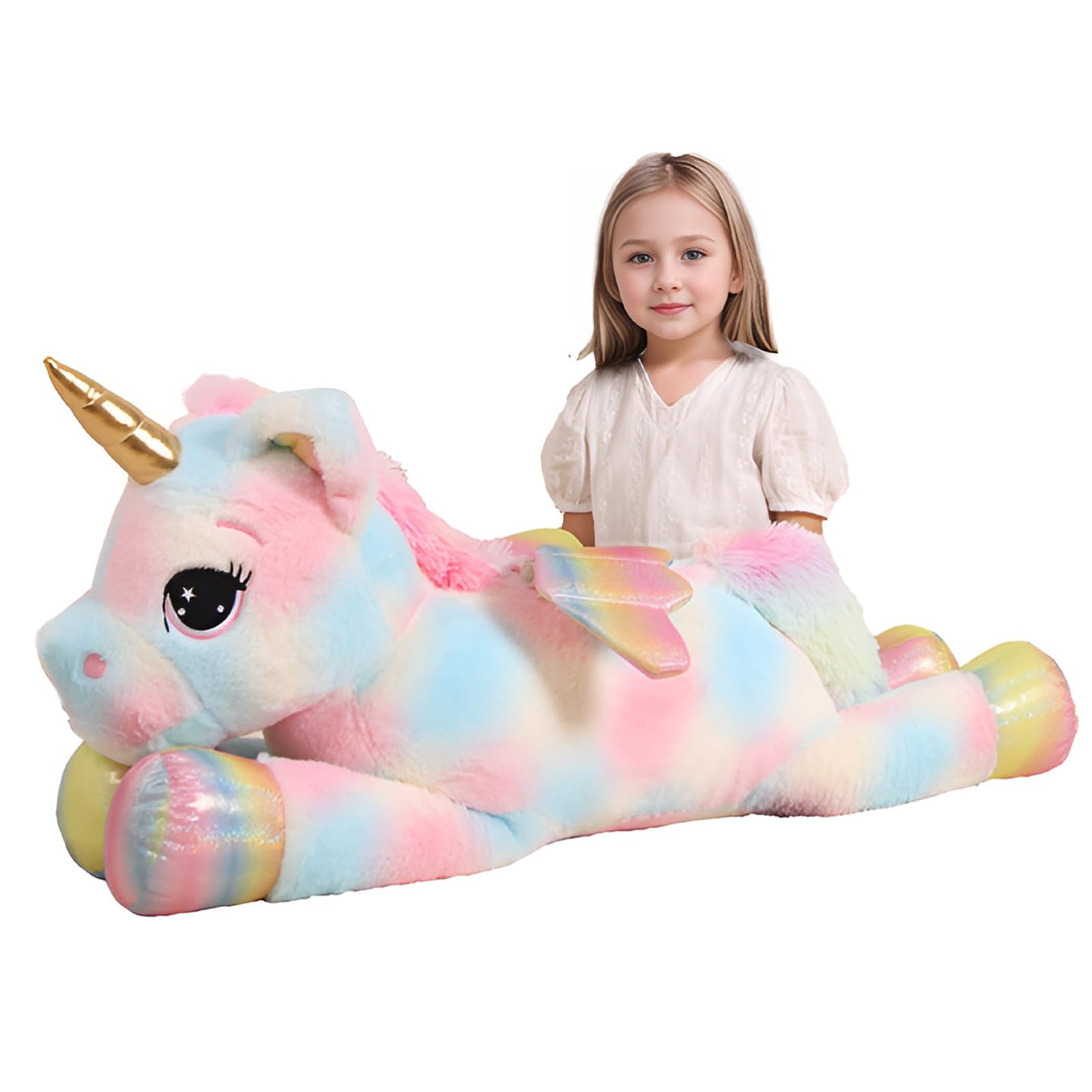 FFxiong 44 Inch Giant Color Unicorn Plush Pillow with Rainbow Wings