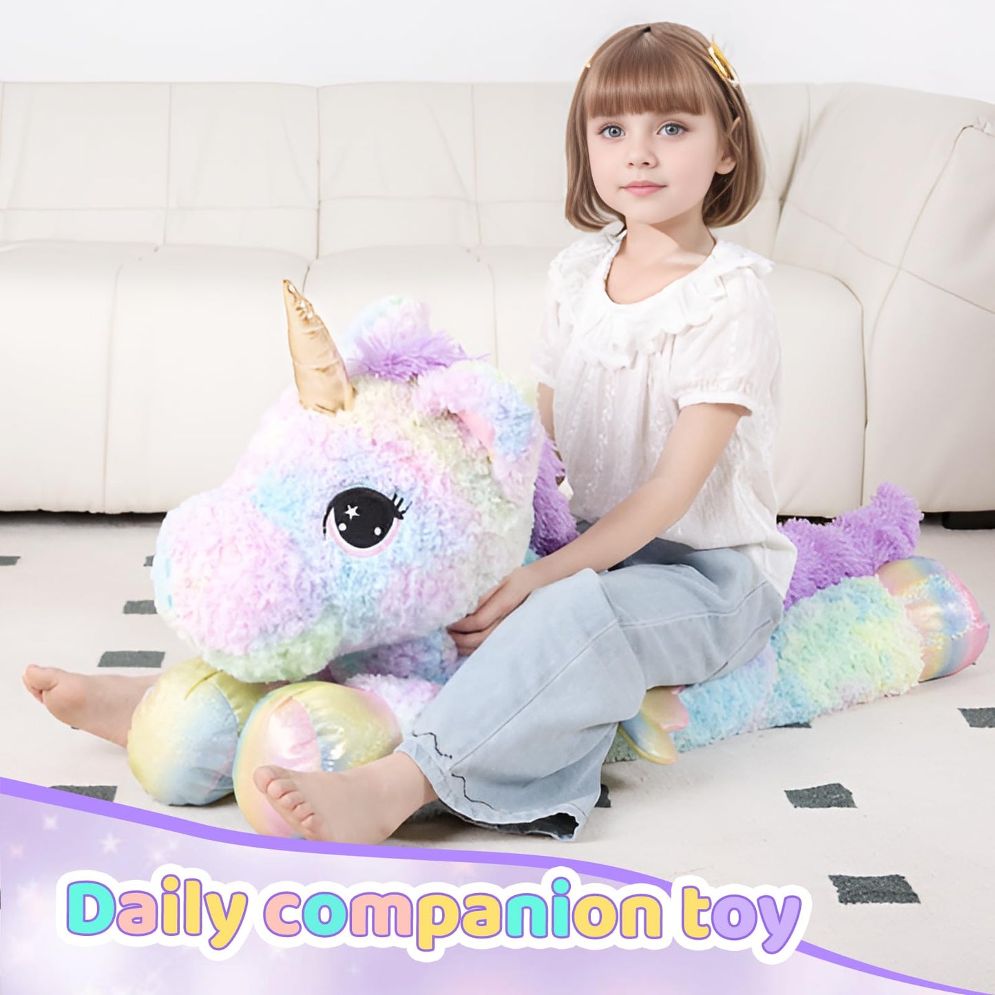 FFxiong 44 Inch Giant Rainbow Unicorn Plush with Wings – Large Soft Unicorn Toy for Kids, Room Decor, Gift