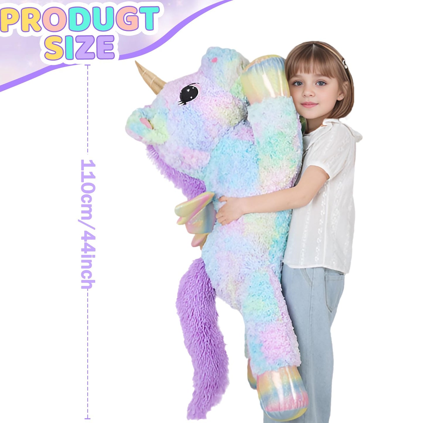 FFxiong 44 Inch Giant Rainbow Unicorn Plush with Wings – Large Soft Unicorn Toy for Kids, Room Decor, Gift