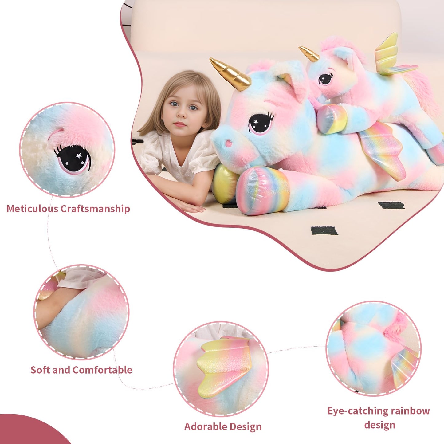 FFxiong 44 Inch Giant Color Unicorn Plush Pillow with Rainbow Wings