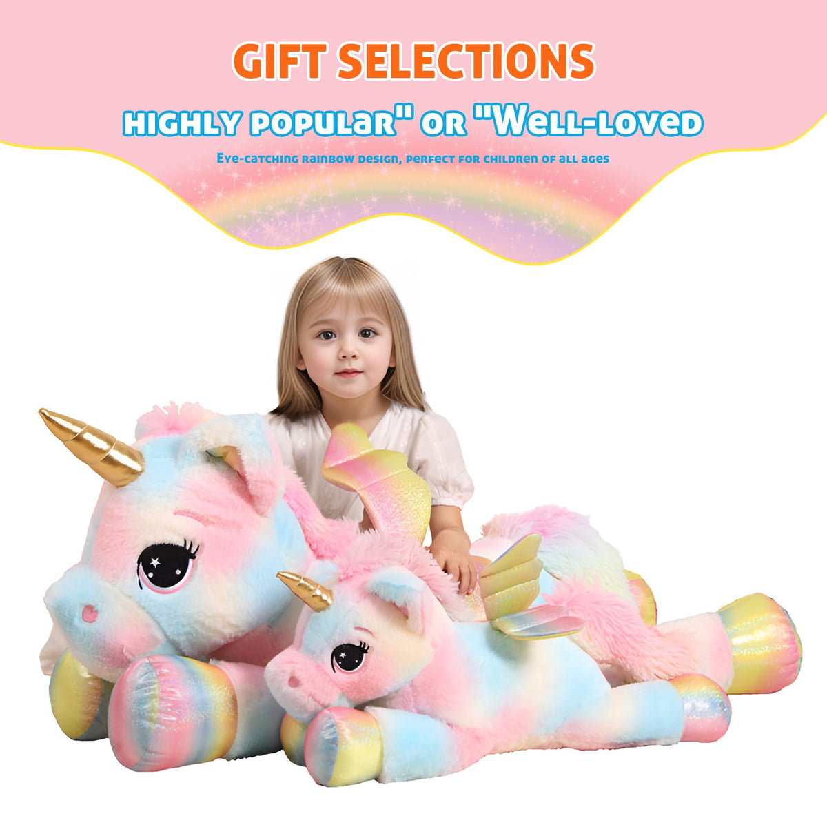 FFxiong 44 Inch Giant Color Unicorn Plush Pillow with Rainbow Wings