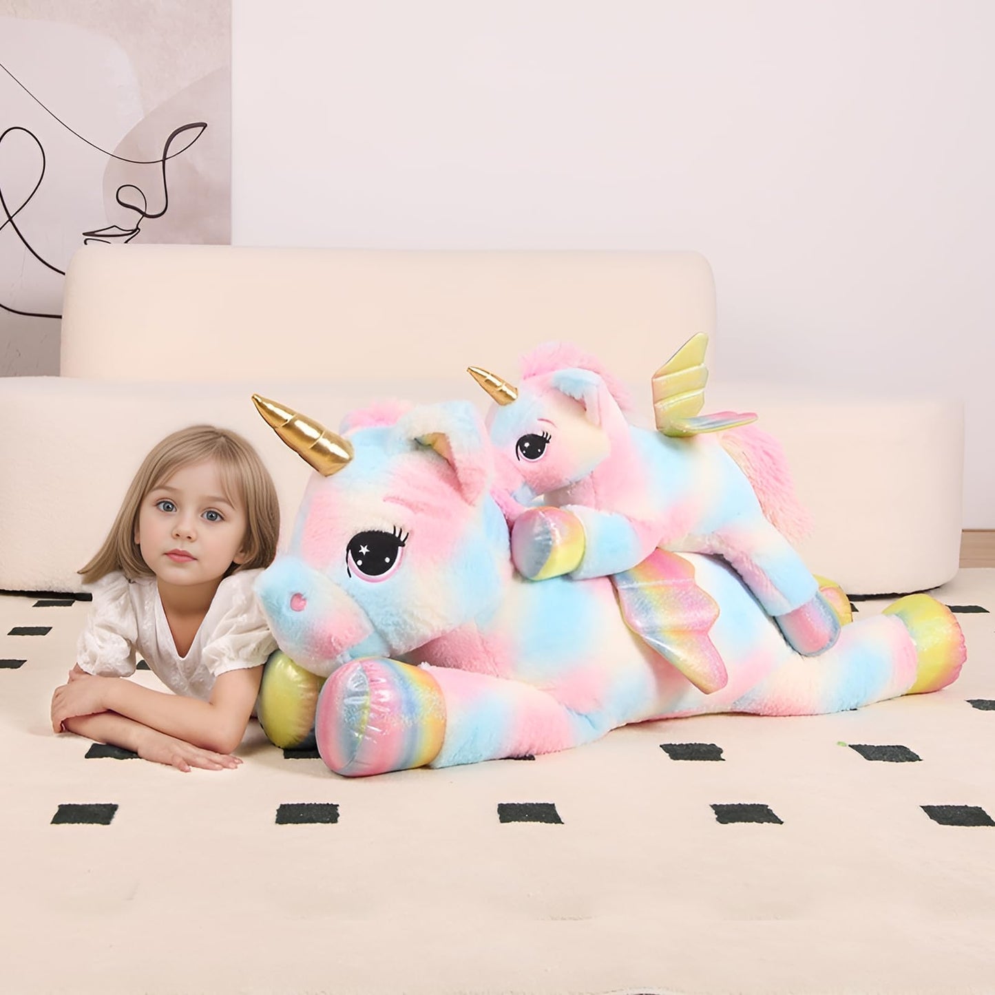 FFxiong 44 Inch Giant Color Unicorn Plush Pillow with Rainbow Wings