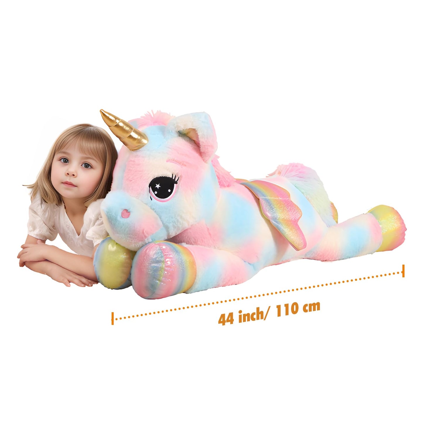 FFxiong 44 Inch Giant Color Unicorn Plush Pillow with Rainbow Wings