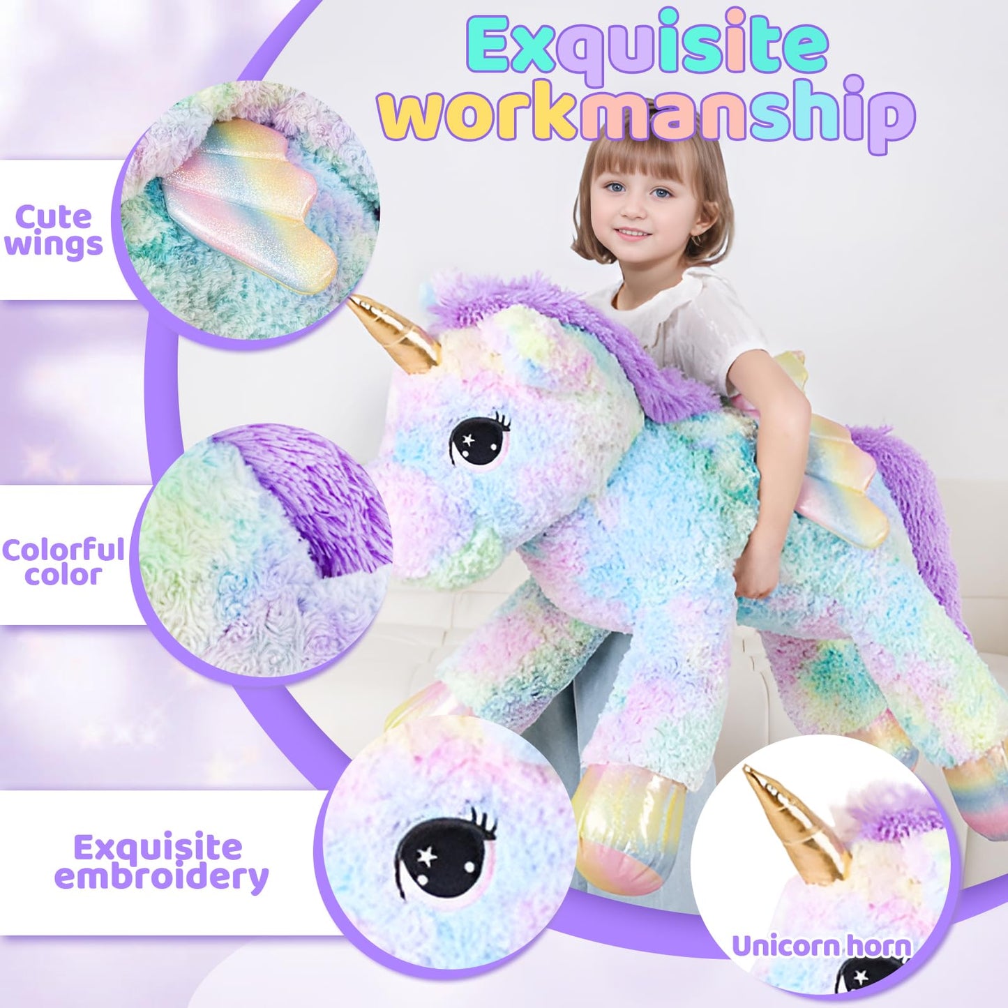FFxiong 44 Inch Giant Rainbow Unicorn Plush with Wings – Large Soft Unicorn Toy for Kids, Room Decor, Gift