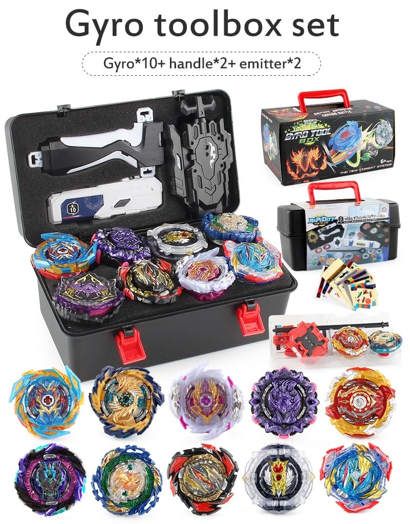 FGFXL Battling Top Set — 10 Spinning Tops, 2 Launchers, Portable Storage Box