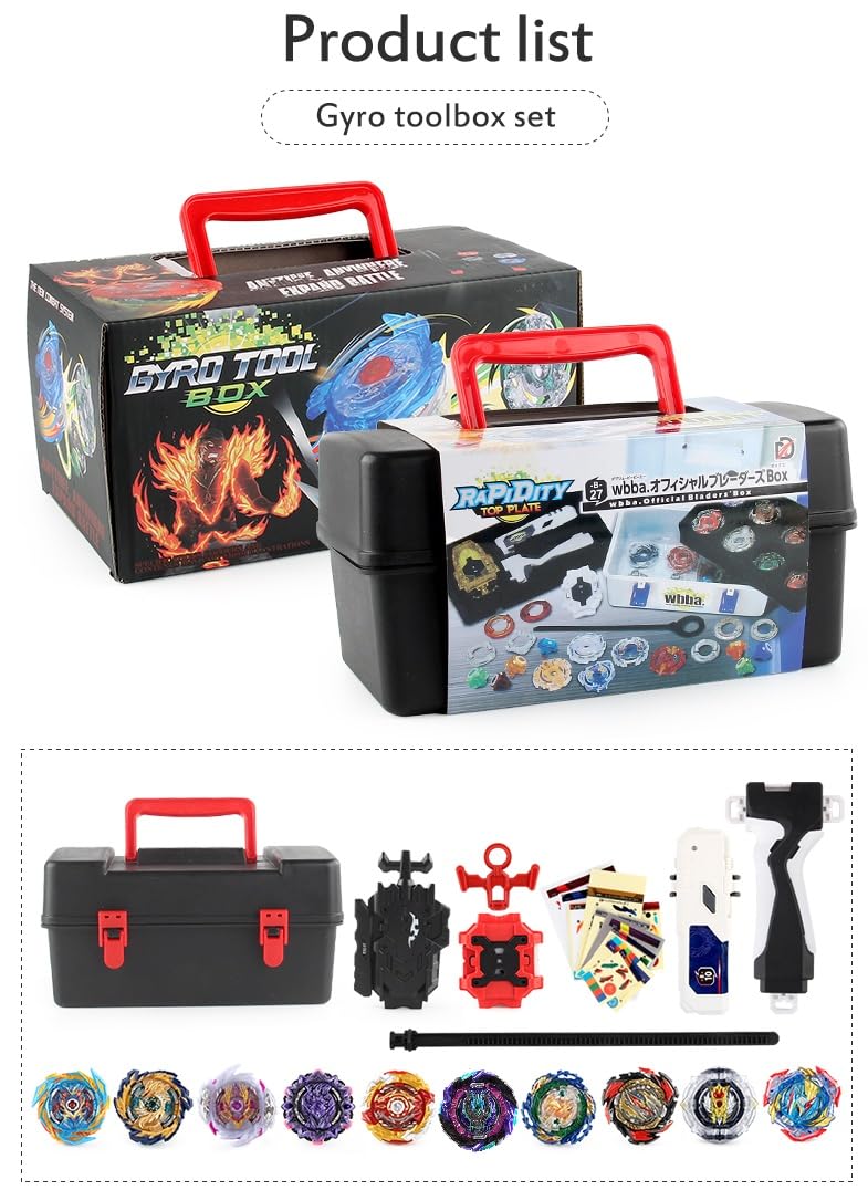 FGFXL Battling Top Set — 10 Spinning Tops, 2 Launchers, Portable Storage Box