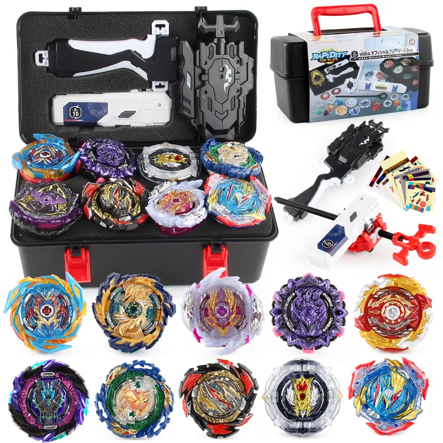 FGFXL Battling Top Set — 10 Spinning Tops, 2 Launchers, Portable Storage Box