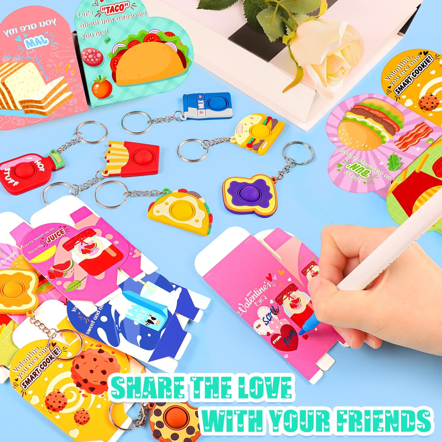 FHOZGECY Valentines Day Cards for Kids – 24 Food-Themed Fidget Keychains with Heart Boxes
