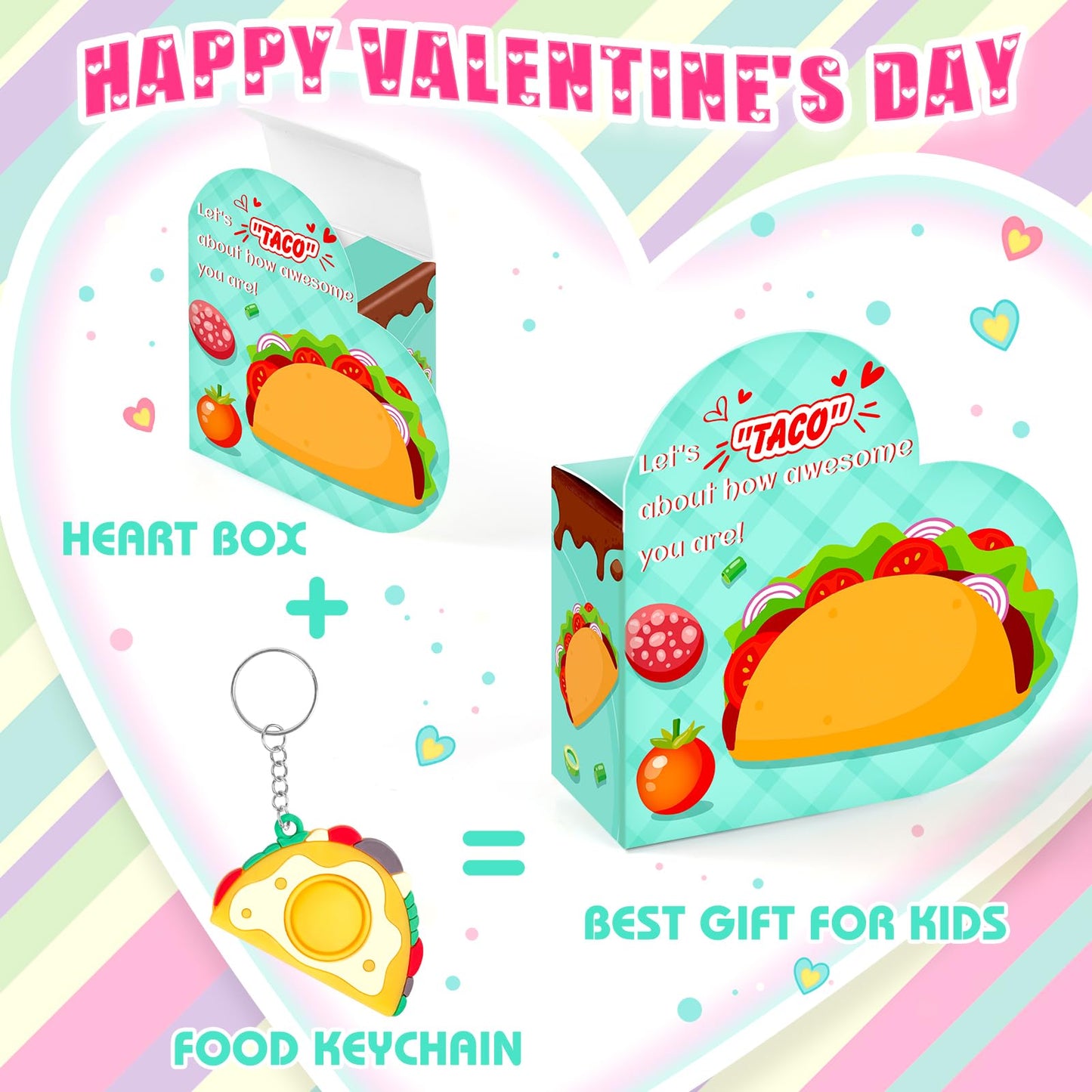 FHOZGECY Valentines Day Cards for Kids – 24 Food-Themed Fidget Keychains with Heart Boxes