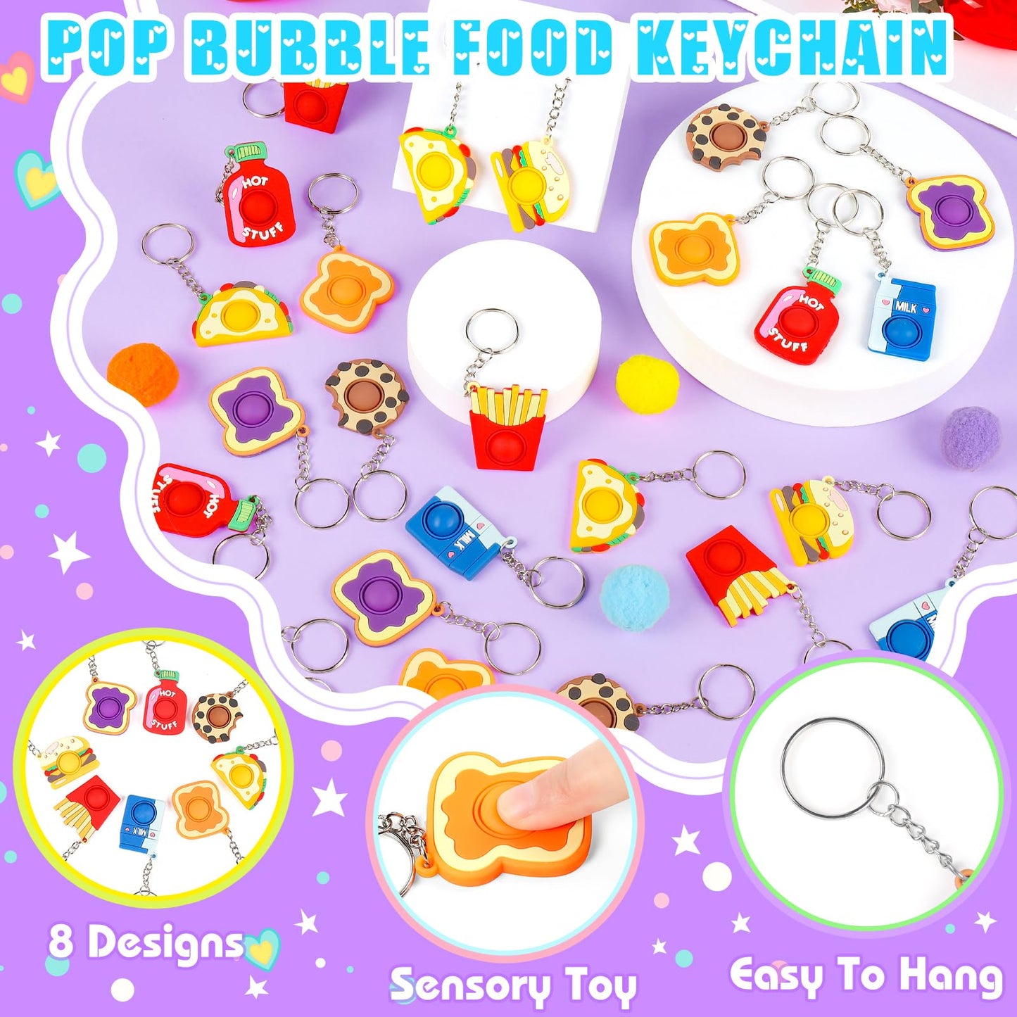 FHOZGECY Valentines Day Cards for Kids – 24 Food-Themed Fidget Keychains with Heart Boxes