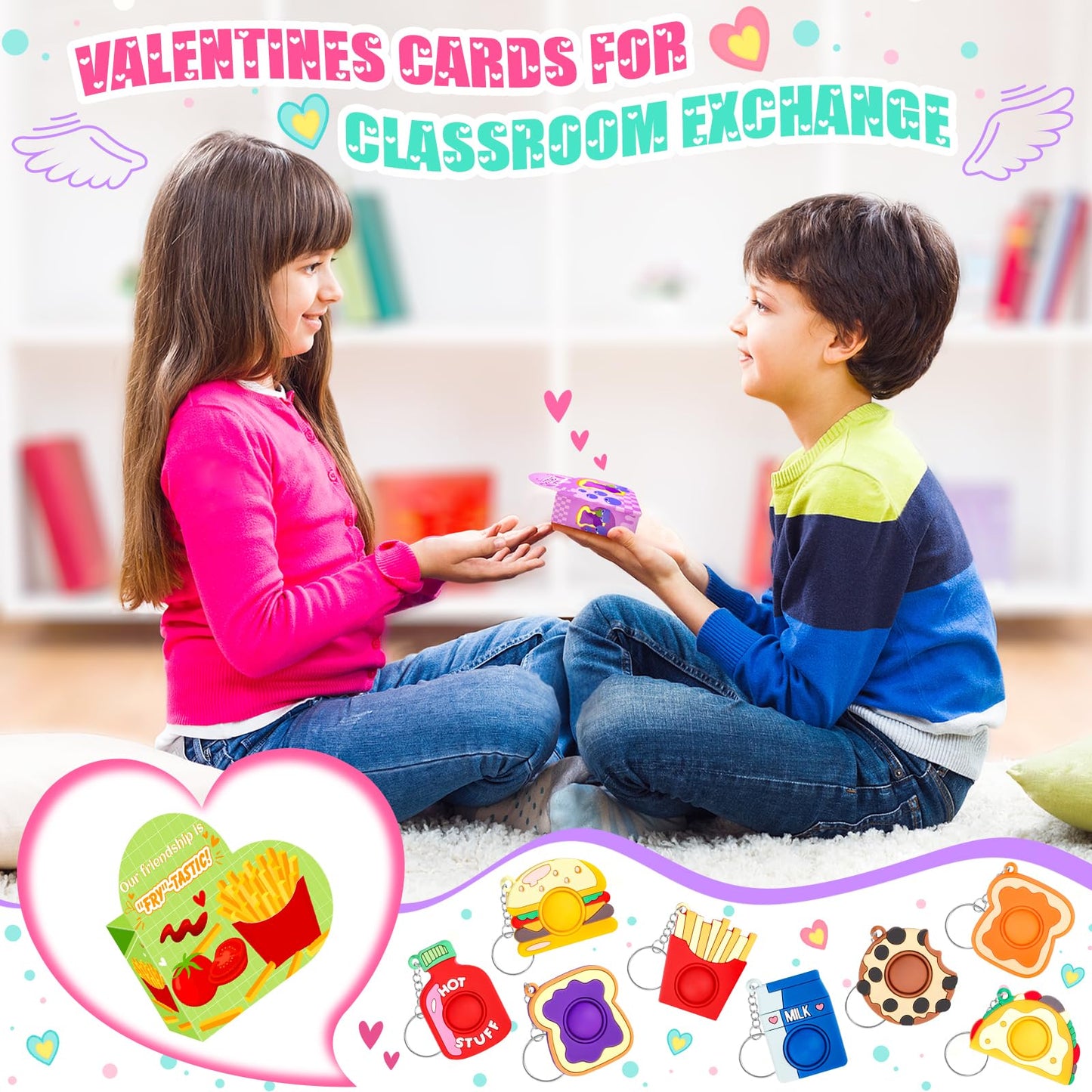 FHOZGECY Valentines Day Cards for Kids – 24 Food-Themed Fidget Keychains with Heart Boxes