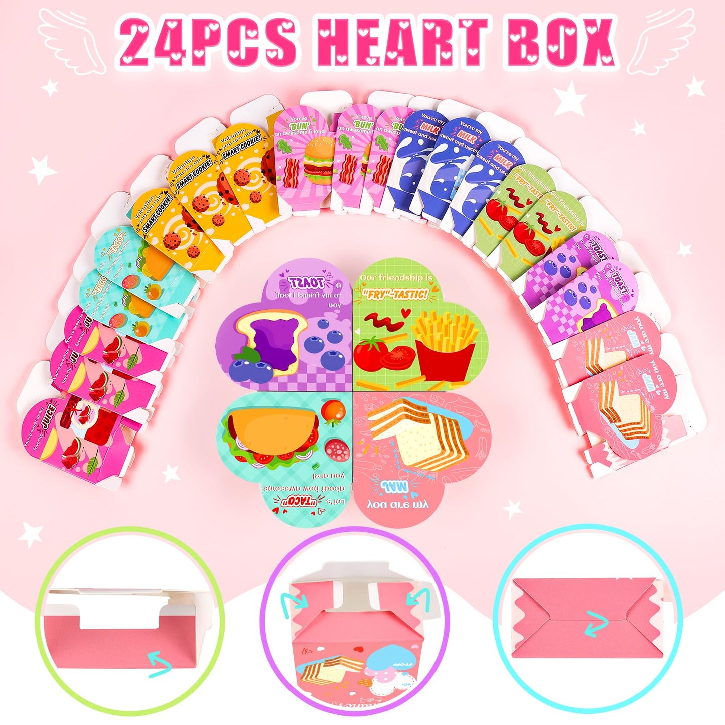 FHOZGECY Valentines Day Cards for Kids – 24 Food-Themed Fidget Keychains with Heart Boxes