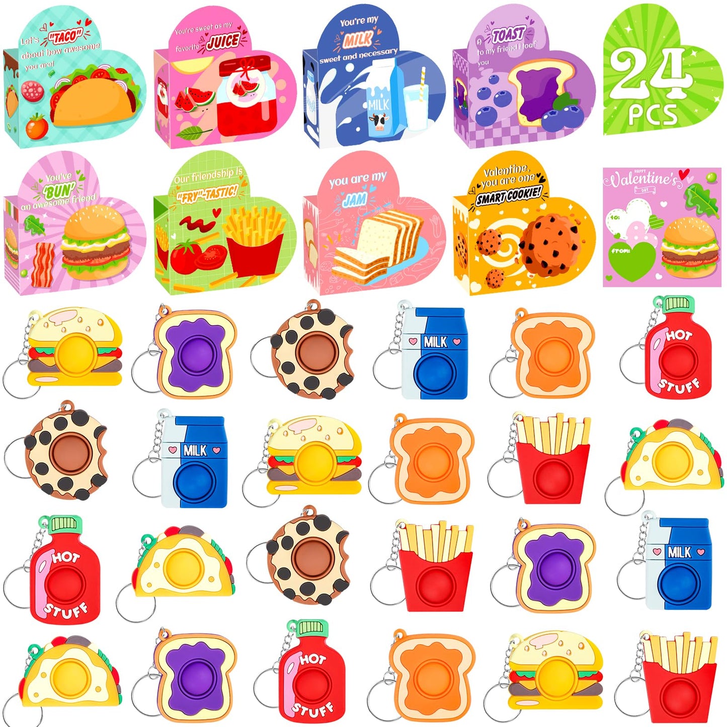 FHOZGECY Valentines Day Cards for Kids – 24 Food-Themed Fidget Keychains with Heart Boxes