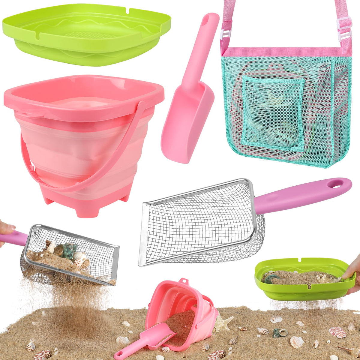 FHOZGECY Beach Toys – Collapsible Bucket, Sand Sifter, Mesh Shovel & Shell Bag Set