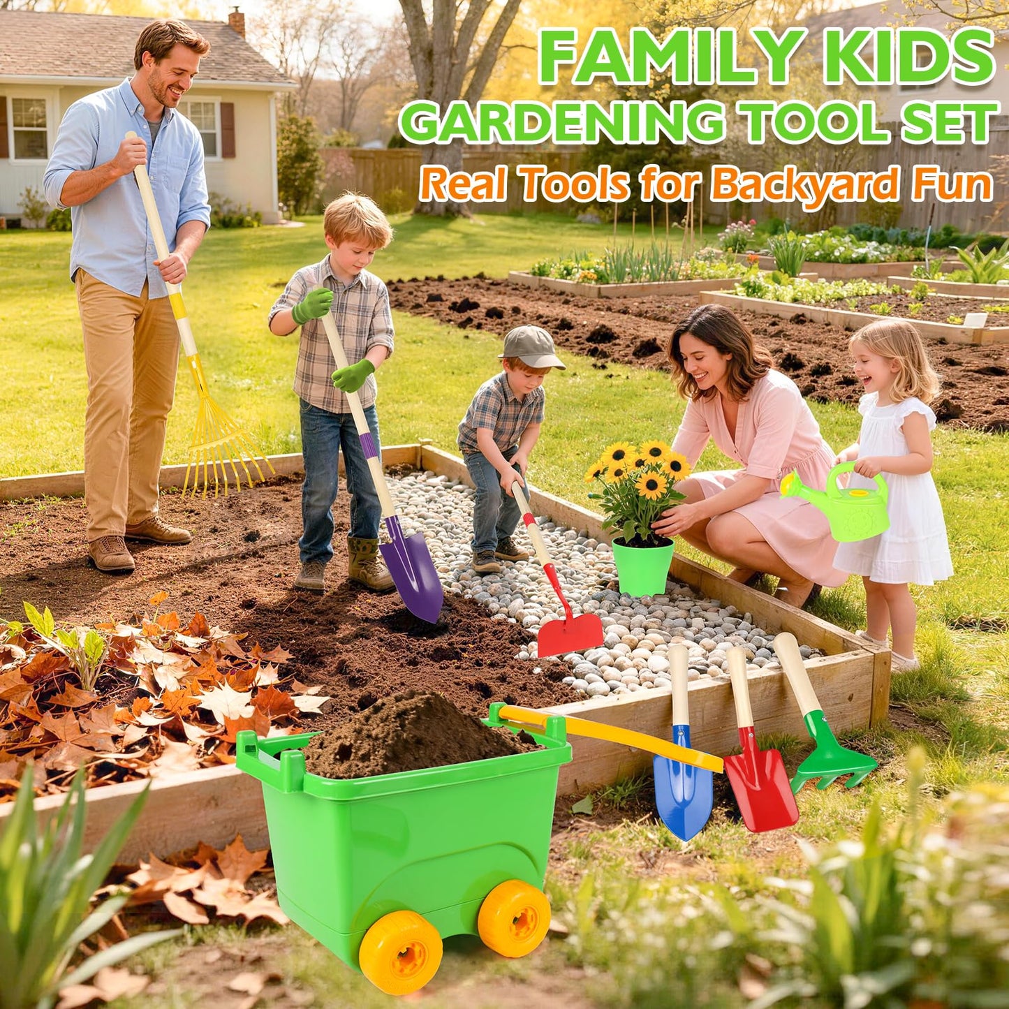 FHOZGECY Kids Gardening Set with Wheelbarrow & Tools | Outdoor Learning Toy (Ages 3-8)