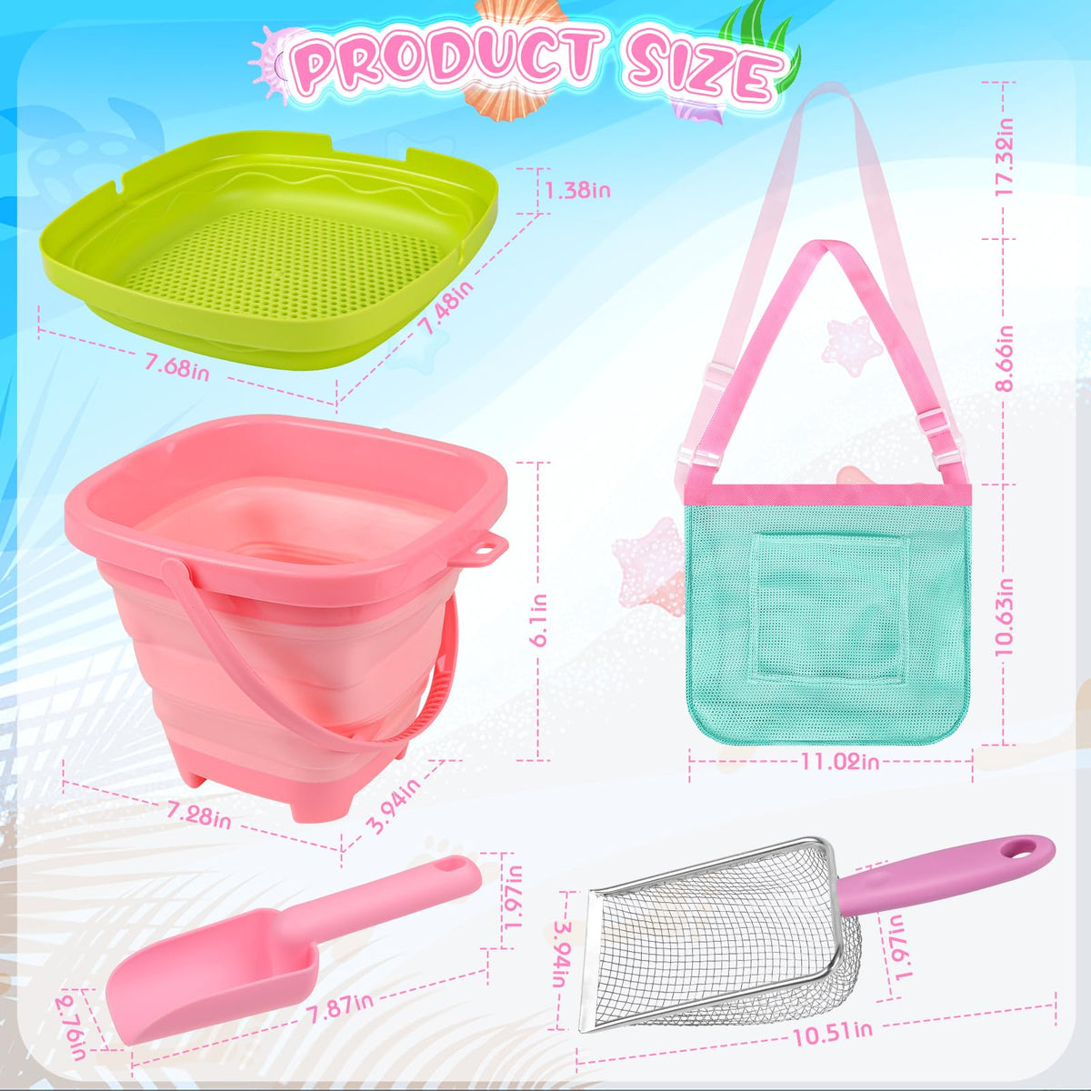 FHOZGECY Beach Toys – Collapsible Bucket, Sand Sifter, Mesh Shovel & Shell Bag Set