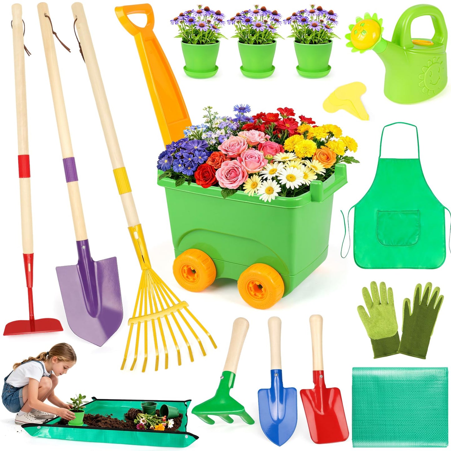 FHOZGECY Kids Gardening Set with Wheelbarrow & Tools | Outdoor Learning Toy (Ages 3-8)