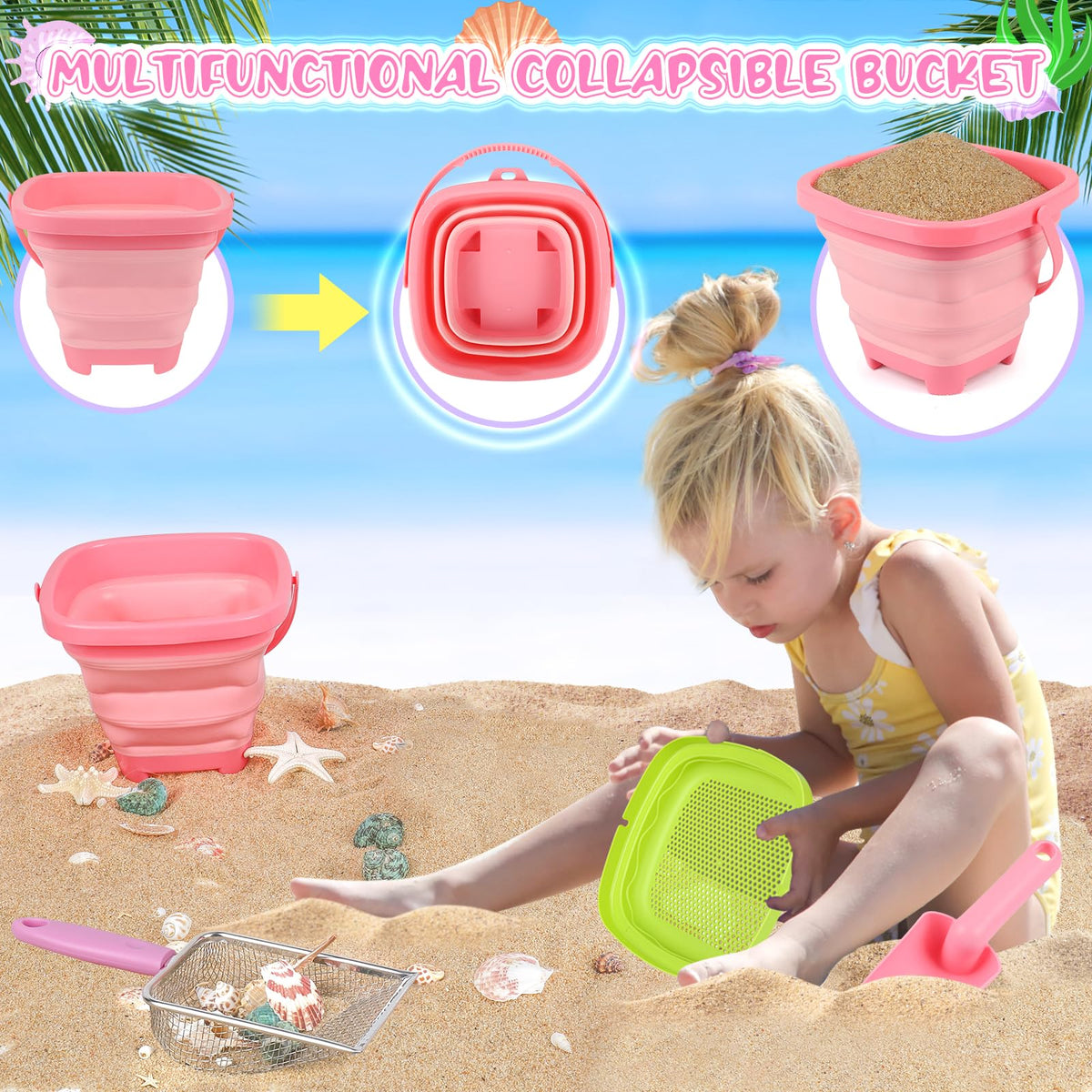FHOZGECY Beach Toys – Collapsible Bucket, Sand Sifter, Mesh Shovel & Shell Bag Set