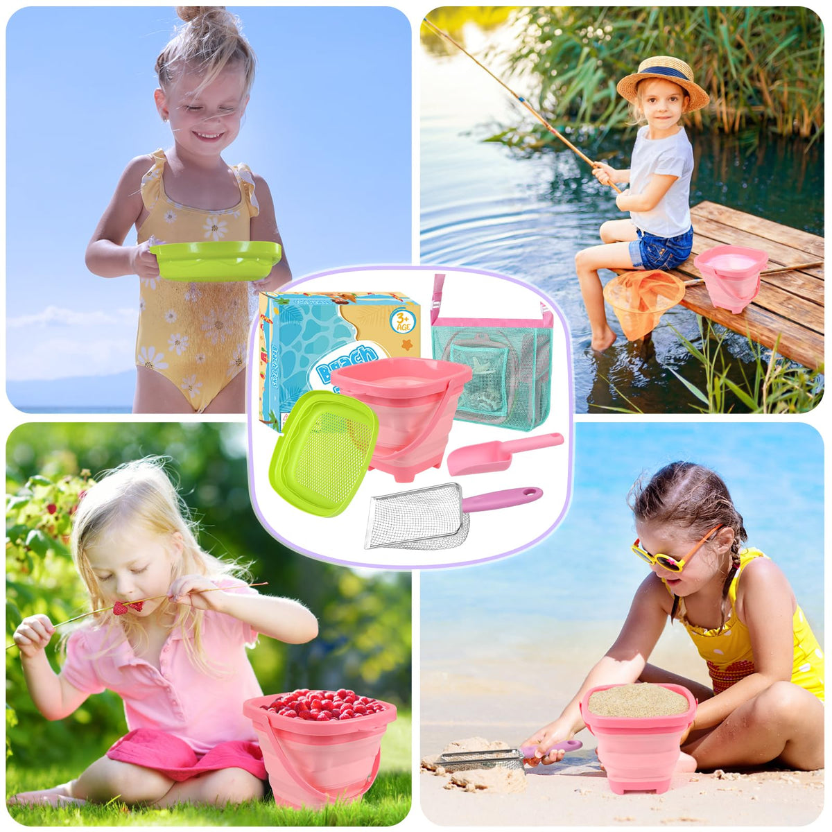 FHOZGECY Beach Toys – Collapsible Bucket, Sand Sifter, Mesh Shovel & Shell Bag Set