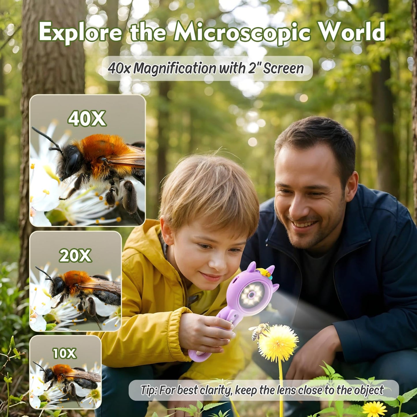 FHskFH Kids Microscope – 500x Magnification, 2" IPS Screen, 16x Zoom | Portable Handheld Science Toy (Purple)