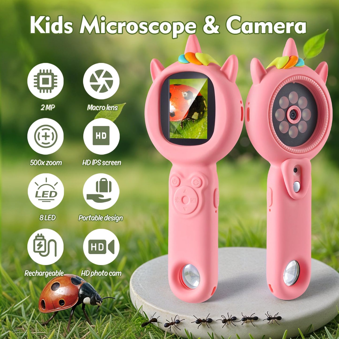 FHskFH Kids Microscope Pink – 500x Magnification, 16x Zoom, HD Cam