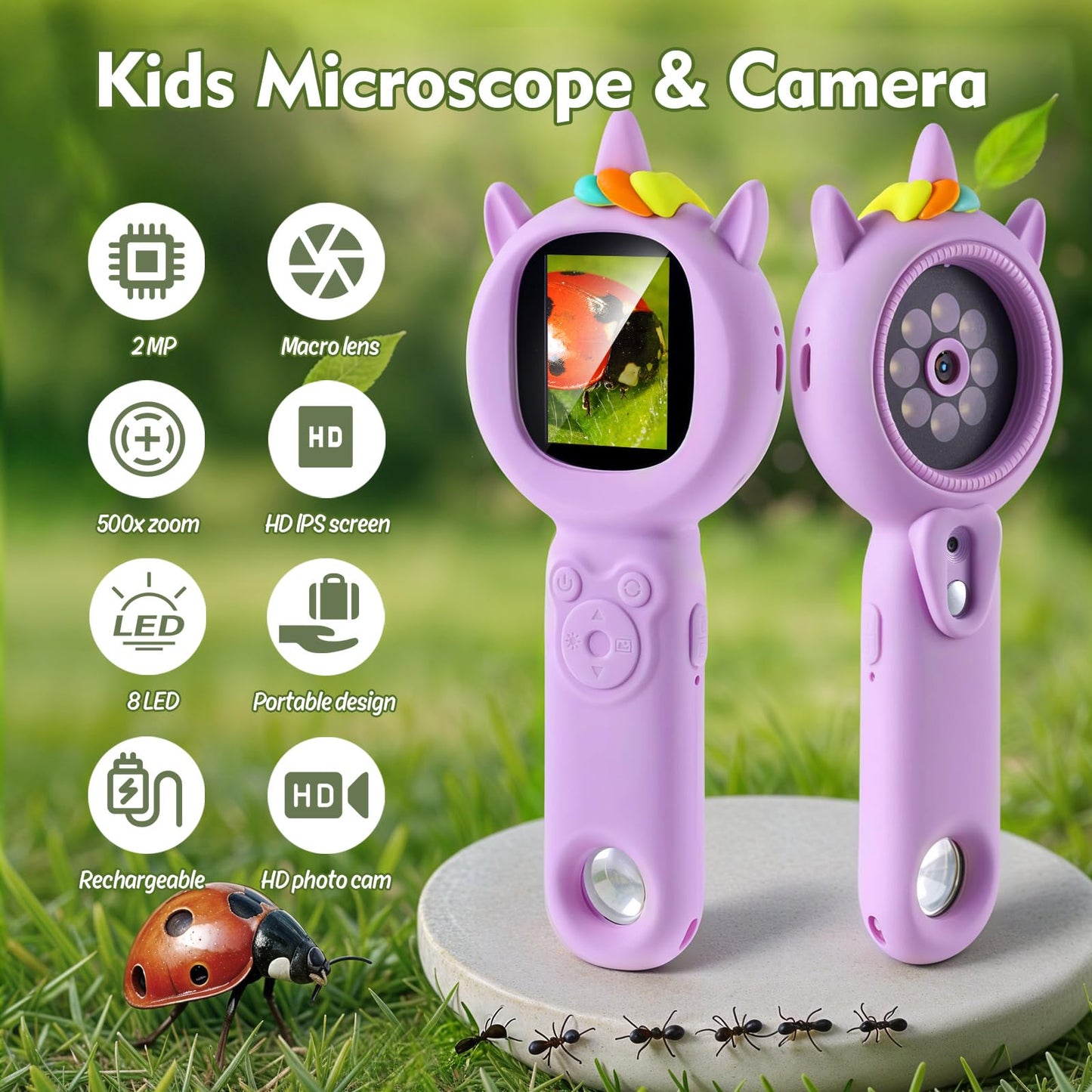 FHskFH Kids Microscope – 500x Magnification, 2" IPS Screen, 16x Zoom | Portable Handheld Science Toy (Purple)