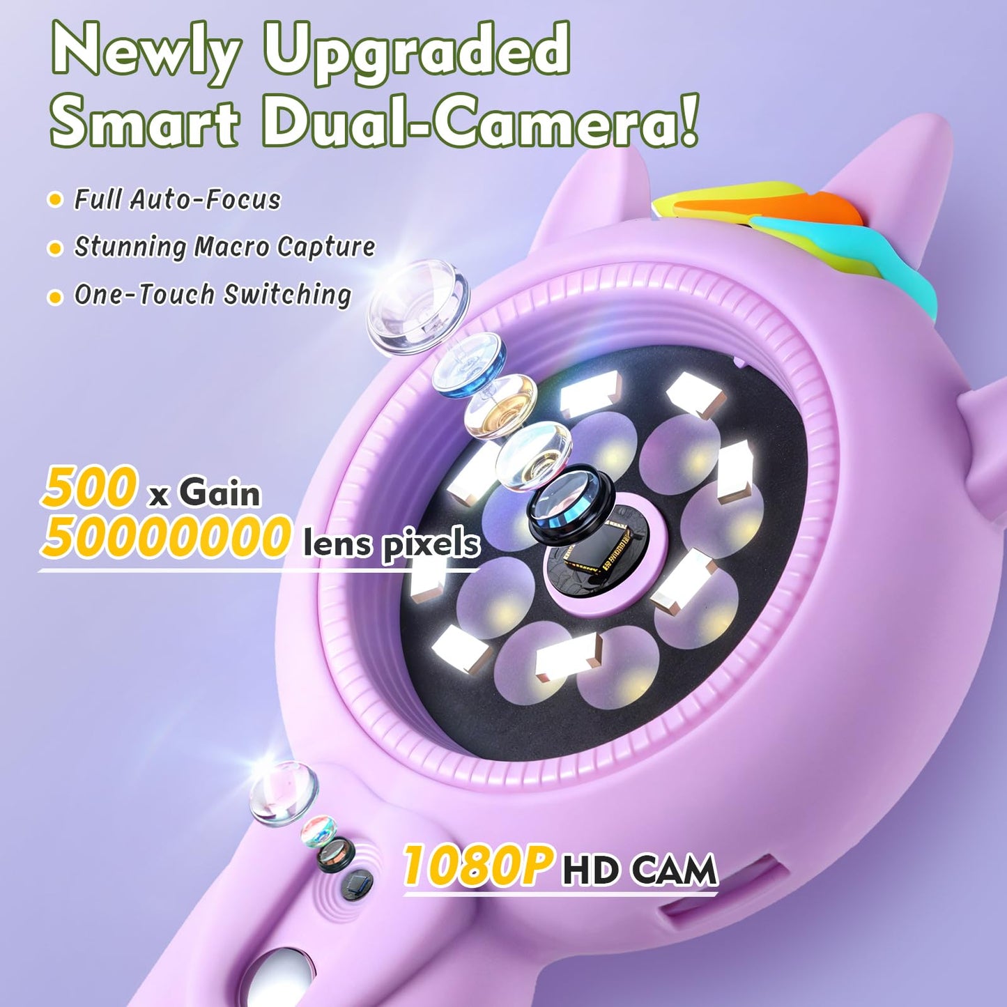 FHskFH Kids Microscope – 500x Magnification, 2" IPS Screen, 16x Zoom | Portable Handheld Science Toy (Purple)