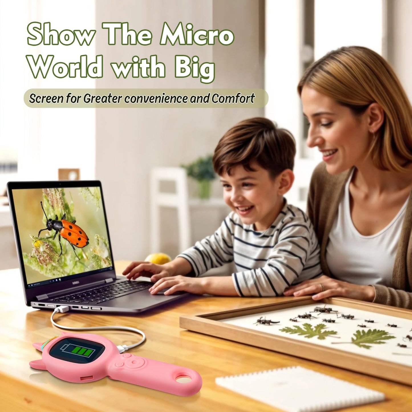 FHskFH Kids Microscope Pink – 500x Magnification, 16x Zoom, HD Cam