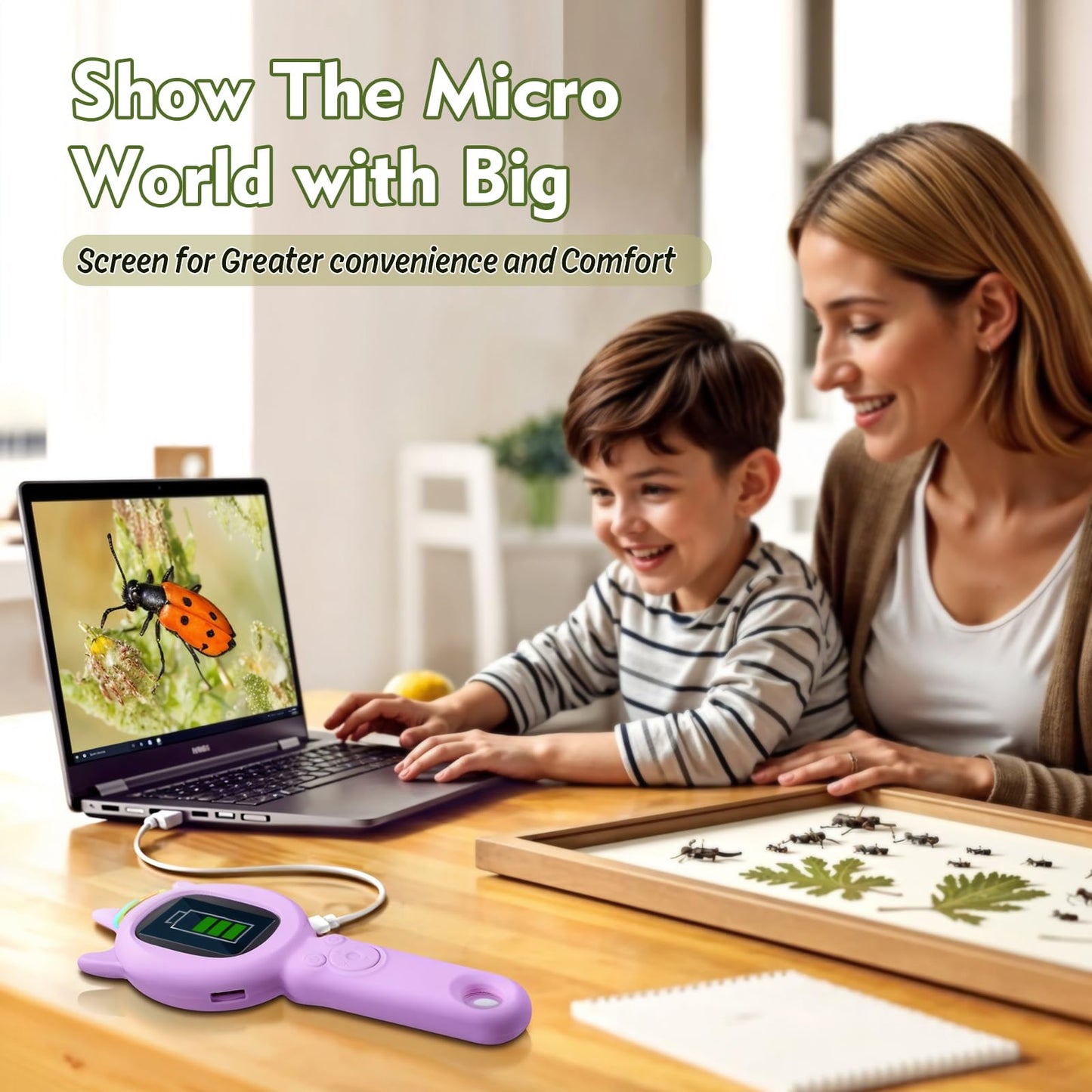 FHskFH Kids Microscope – 500x Magnification, 2" IPS Screen, 16x Zoom | Portable Handheld Science Toy (Purple)