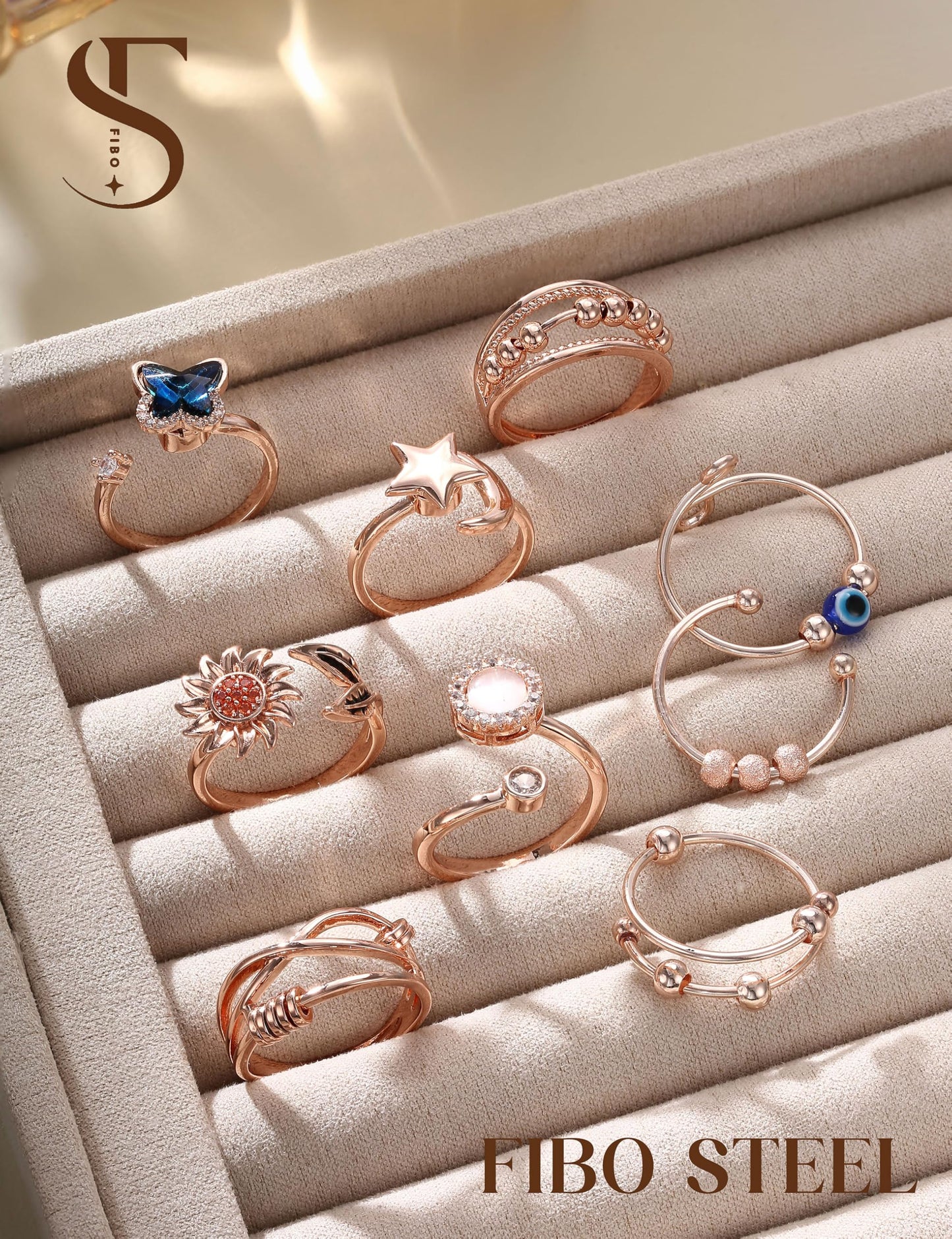 FIBO STEEL 9-Pc Fidget Rings for Anxiety — Adjustable Spinner Rings