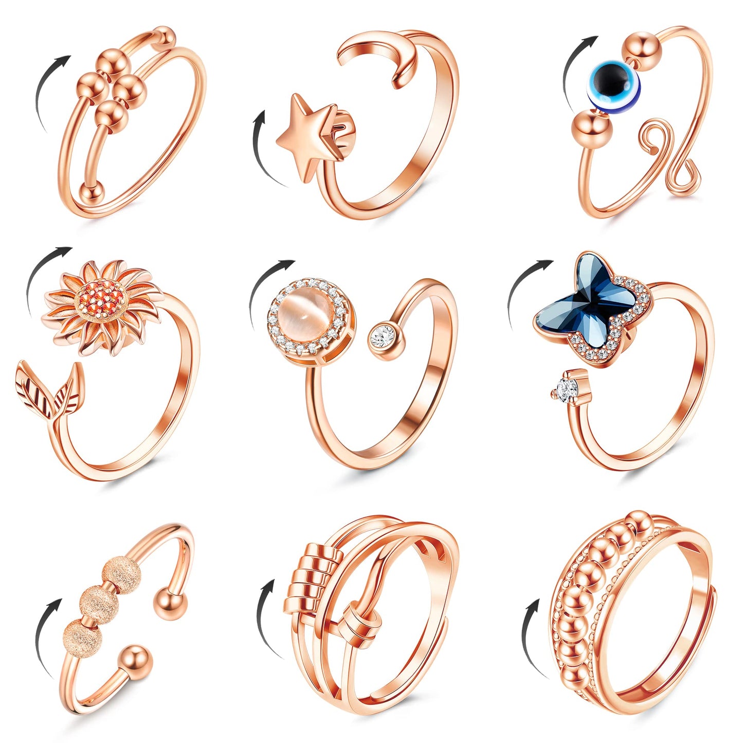 FIBO STEEL 9-Pc Fidget Rings for Anxiety — Adjustable Spinner Rings