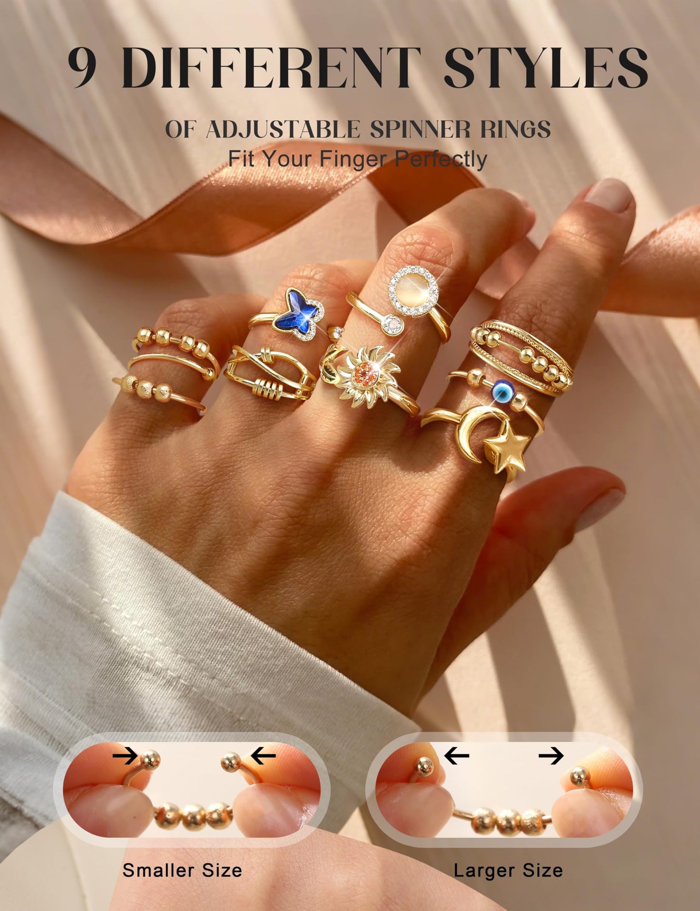 FIBO STEEL 9 Pcs Fidget Ring Set – Adjustable Spinner Rings for Women & Men