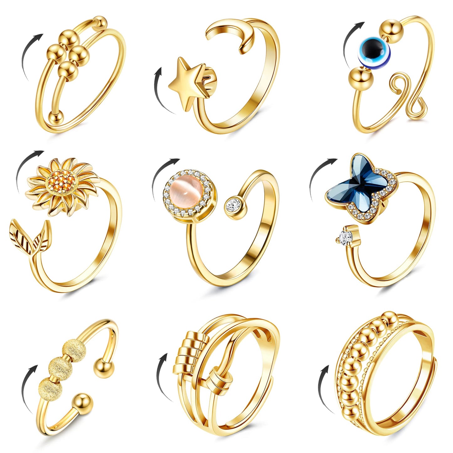 FIBO STEEL 9 Pcs Fidget Ring Set – Adjustable Spinner Rings for Women & Men