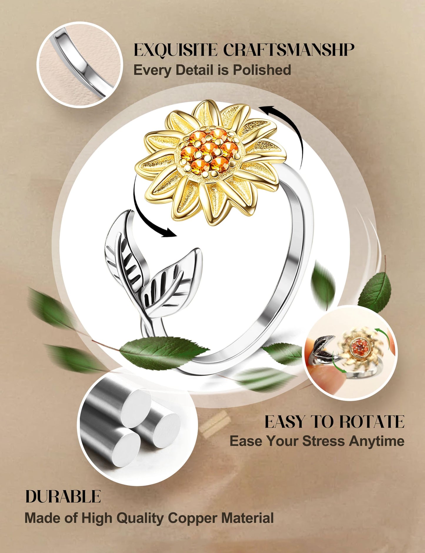 FIBO STEEL 9 Pcs Fidget Ring Set for Anxiety Relief – Adjustable Spinner Rings for Women & Men