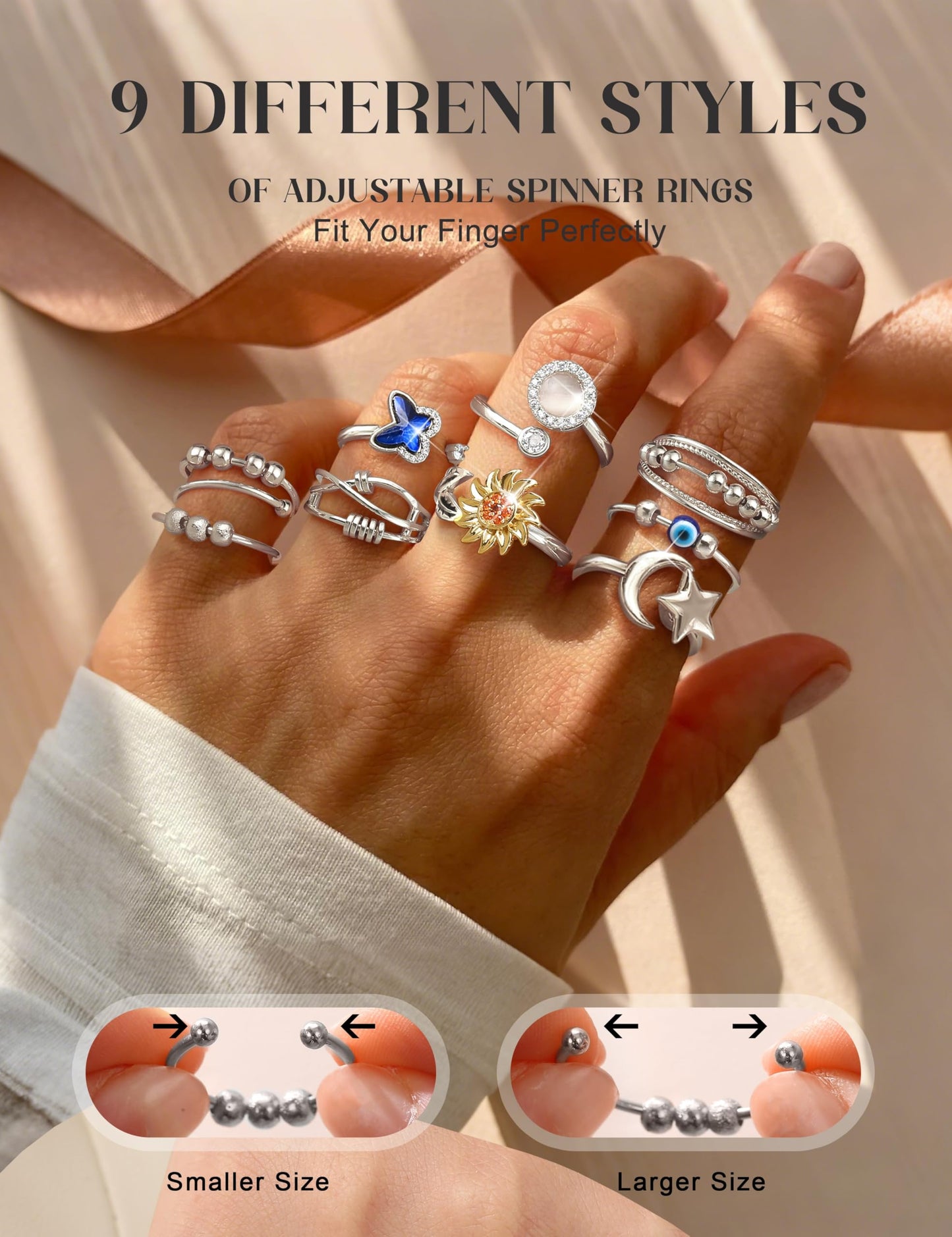 FIBO STEEL 9 Pcs Fidget Ring Set for Anxiety Relief – Adjustable Spinner Rings for Women & Men