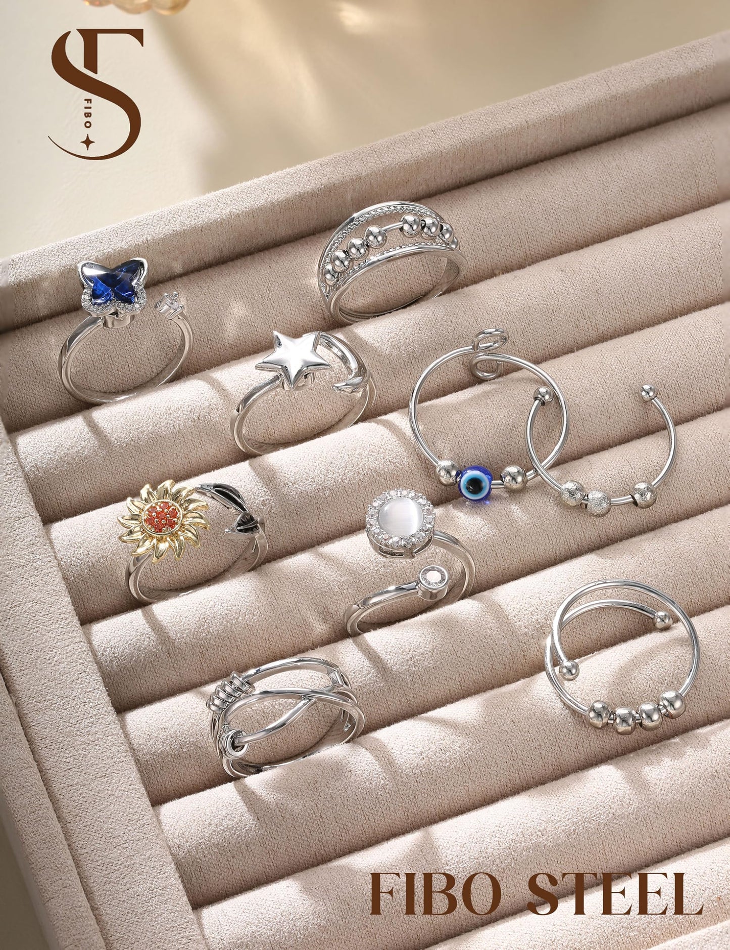 FIBO STEEL 9 Pcs Fidget Ring Set for Anxiety Relief – Adjustable Spinner Rings for Women & Men