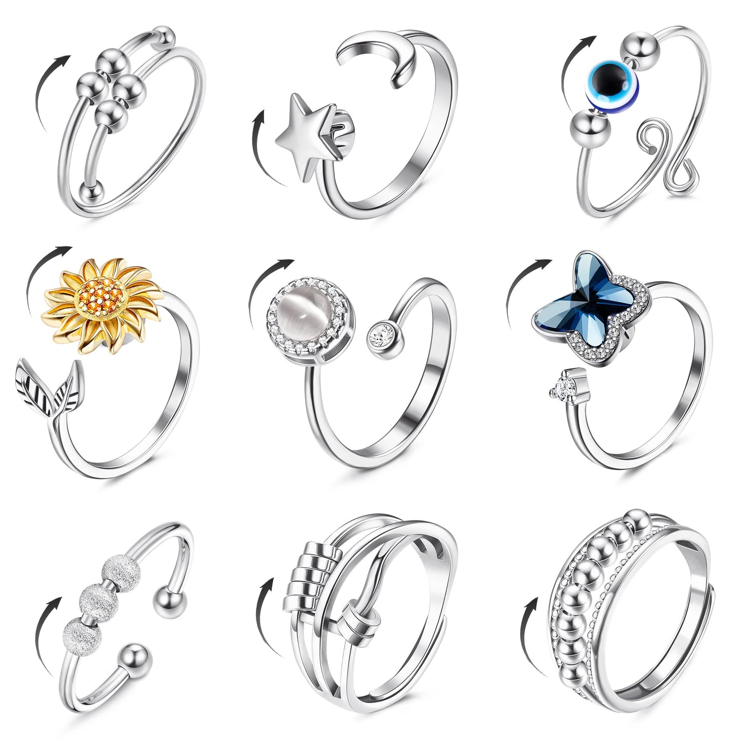 FIBO STEEL 9 Pcs Fidget Ring Set for Anxiety Relief – Adjustable Spinner Rings for Women & Men